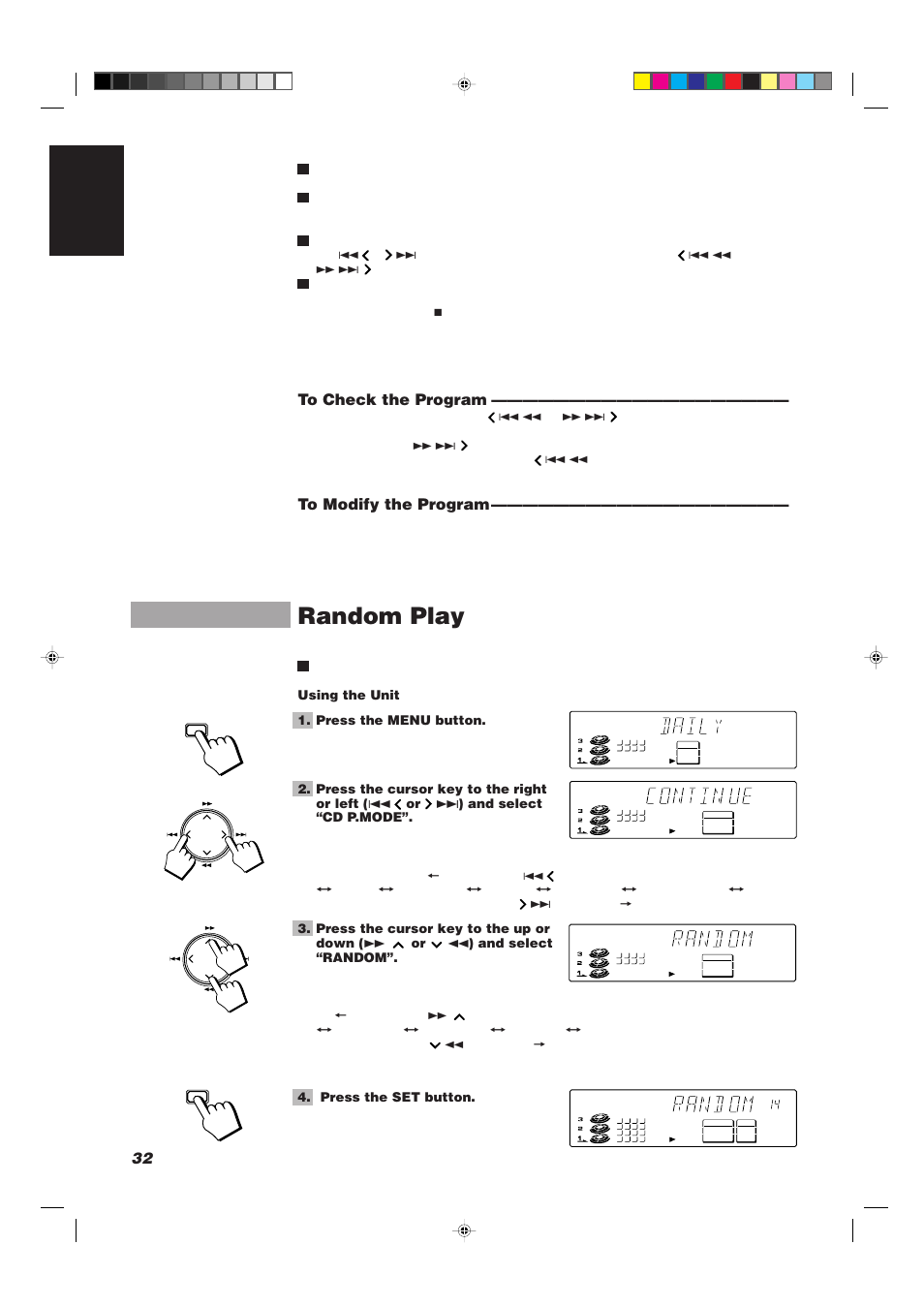 Random play, 32 english, Using the unit 1. press the menu button | Press the set button | JVC CA-TD77R User Manual | Page 36 / 57