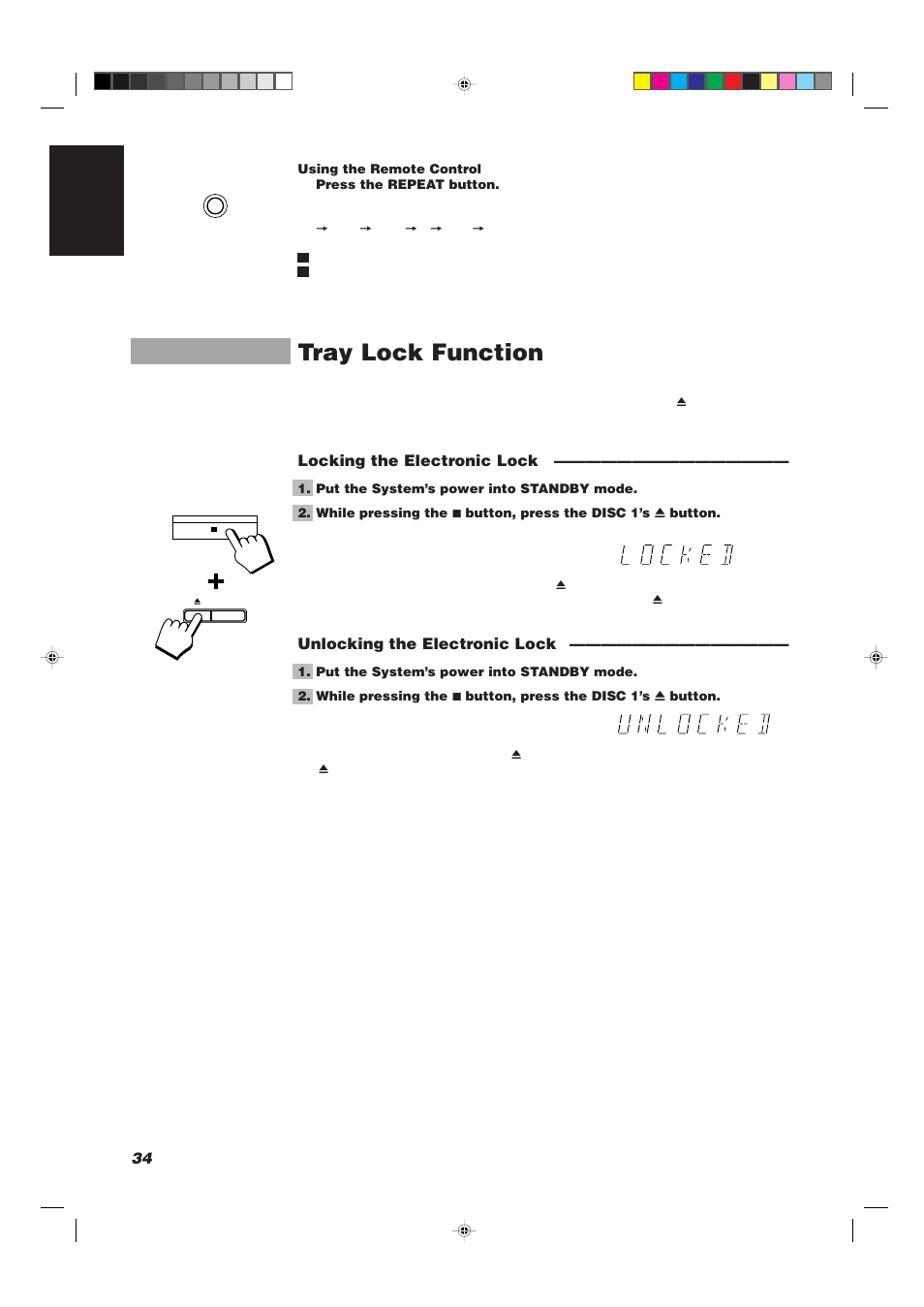 Tray lock function, 34 english, Locking the electronic lock | Unlocking the electronic lock | JVC CA-TD77R User Manual | Page 38 / 57