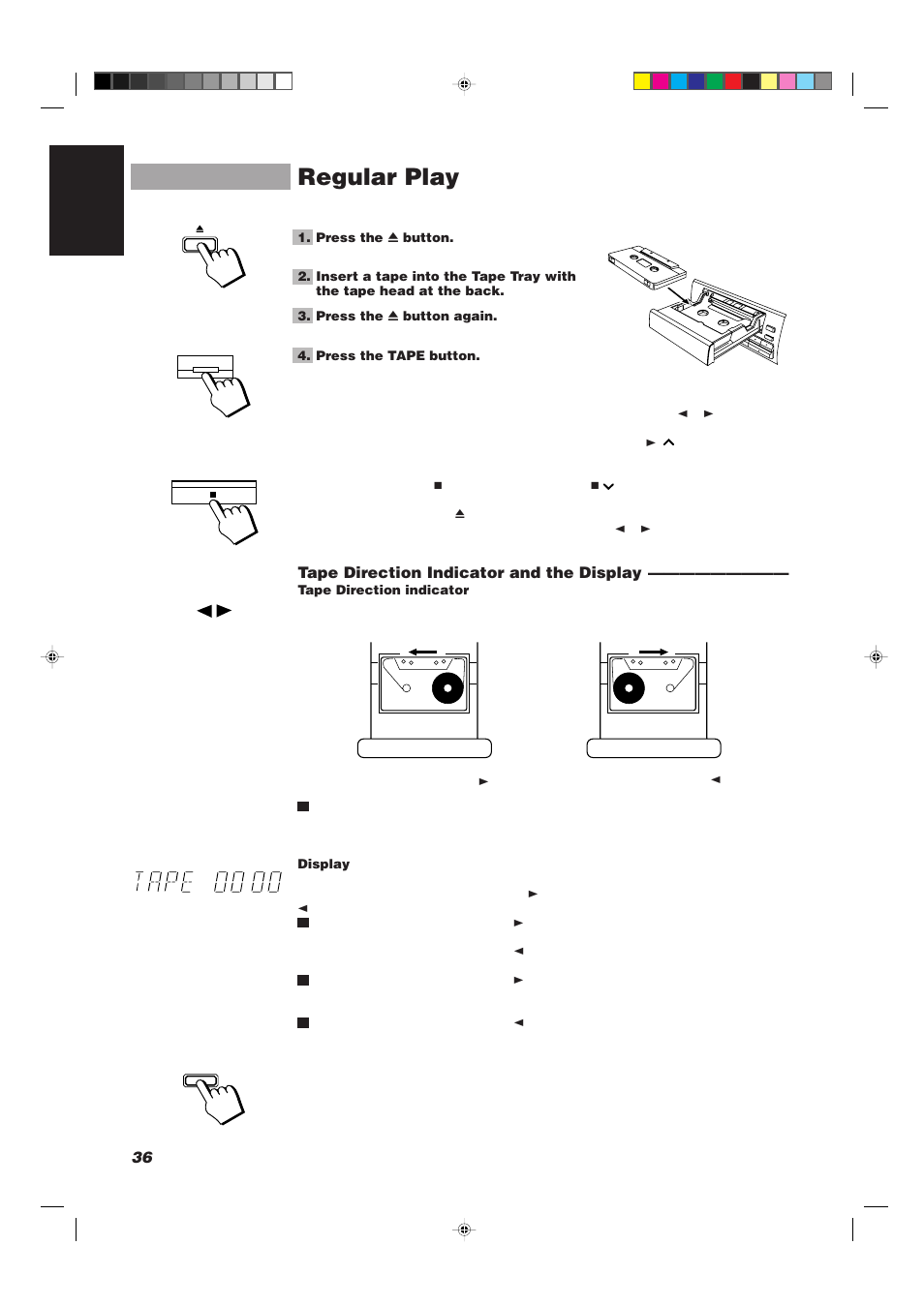 Regular play, 36 english, Tape direction indicator and the display | JVC CA-TD77R User Manual | Page 40 / 57