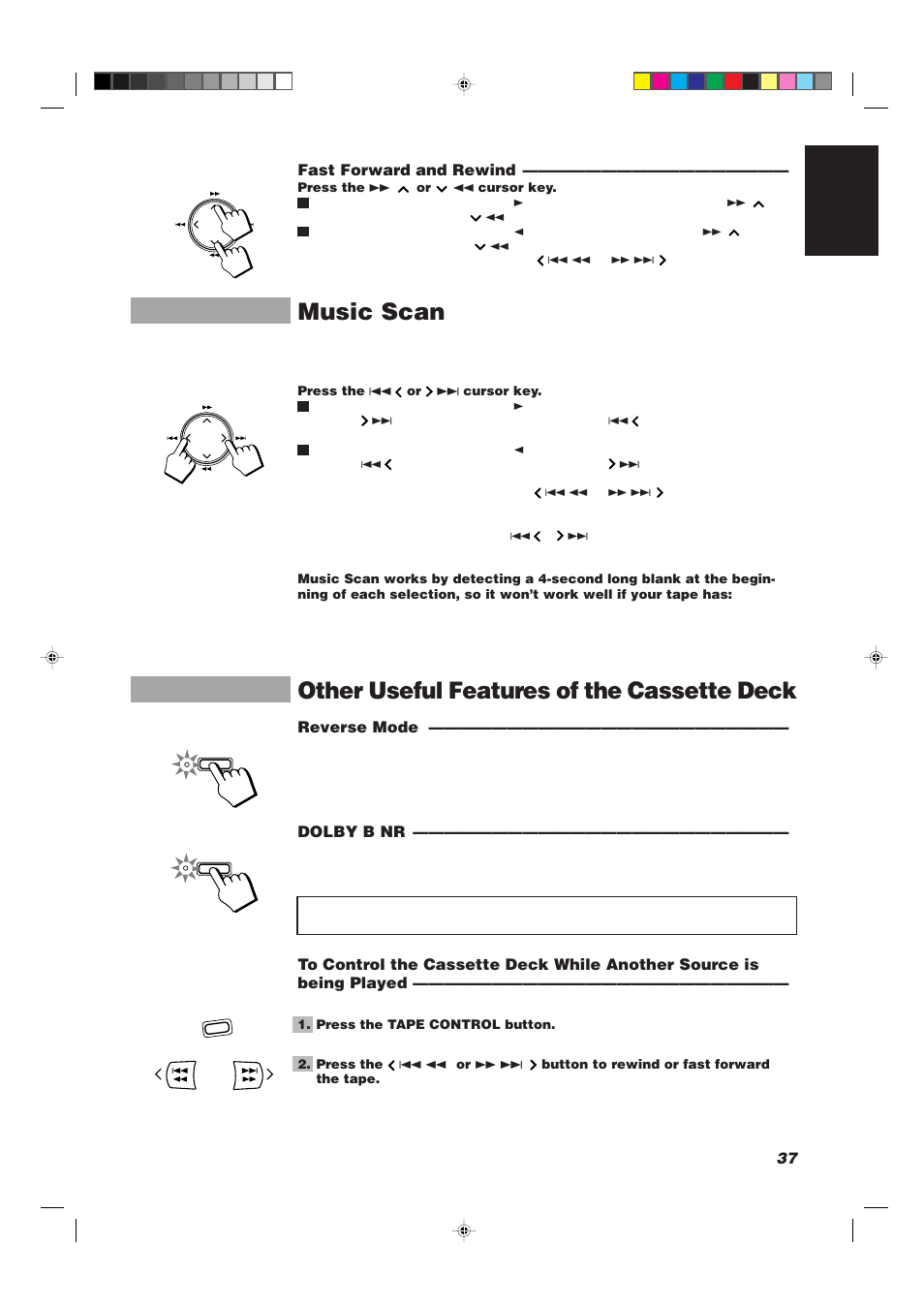 Music scan, Other useful features of the cassette deck, 37 english fast forward and rewind | Reverse mode, Dolby b nr | JVC CA-TD77R User Manual | Page 41 / 57