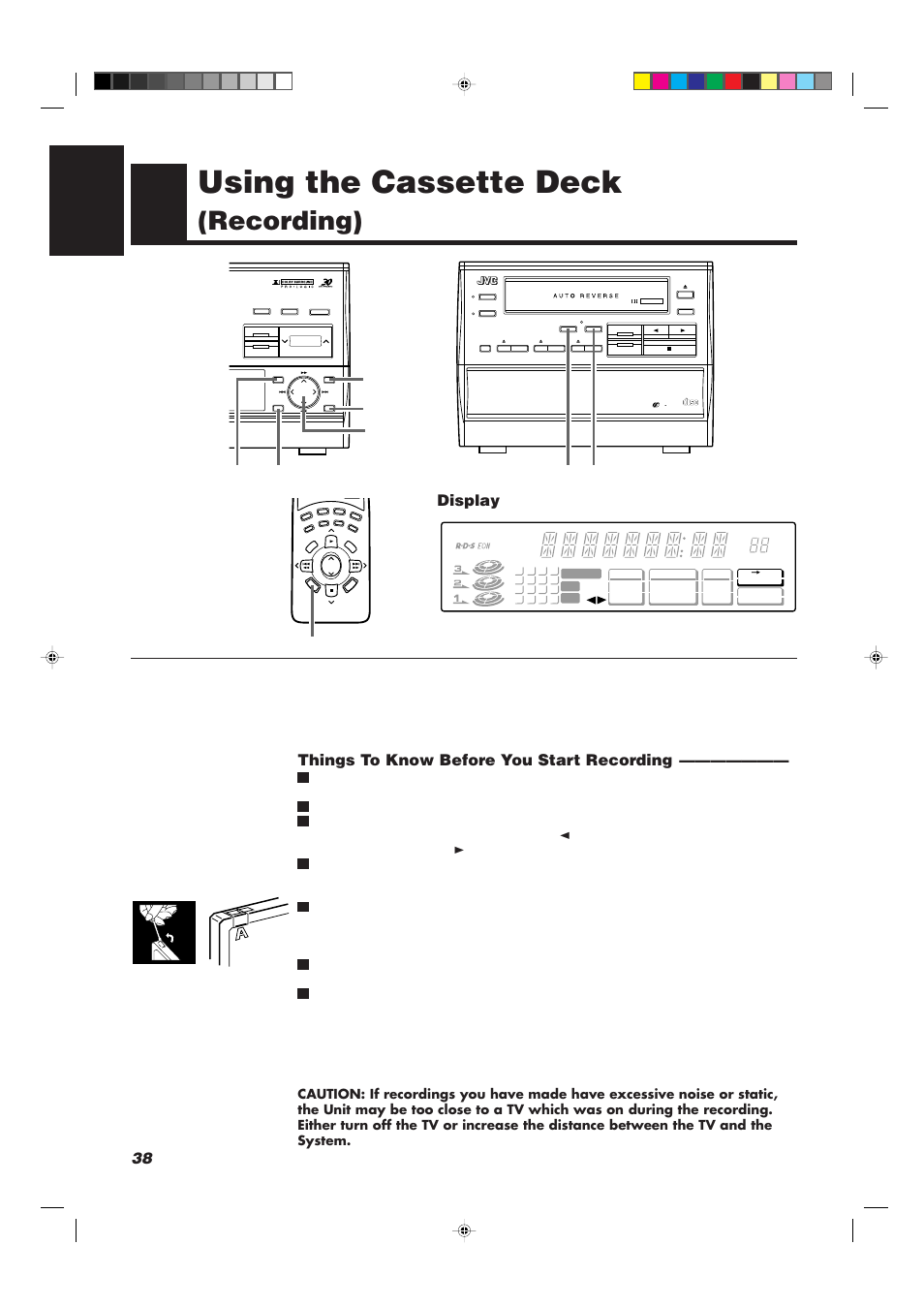 Using the cassette deck, Recording), 38 english | Things to know before you start recording, Display, Compact digital audio | JVC CA-TD77R User Manual | Page 42 / 57