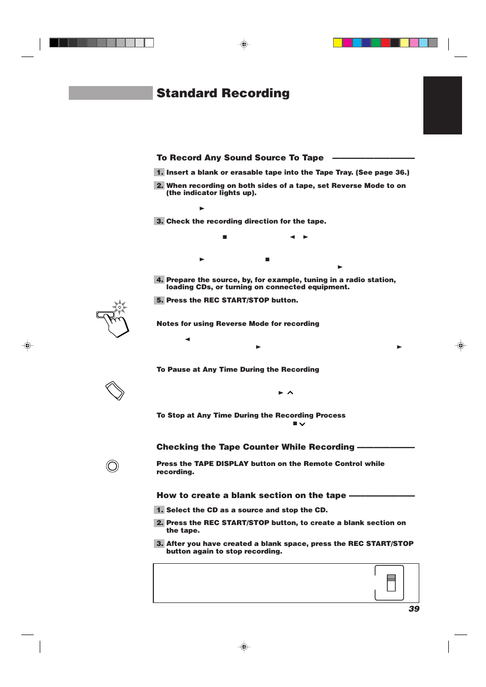 Standard recording, 39 english, Checking the tape counter while recording | JVC CA-TD77R User Manual | Page 43 / 57