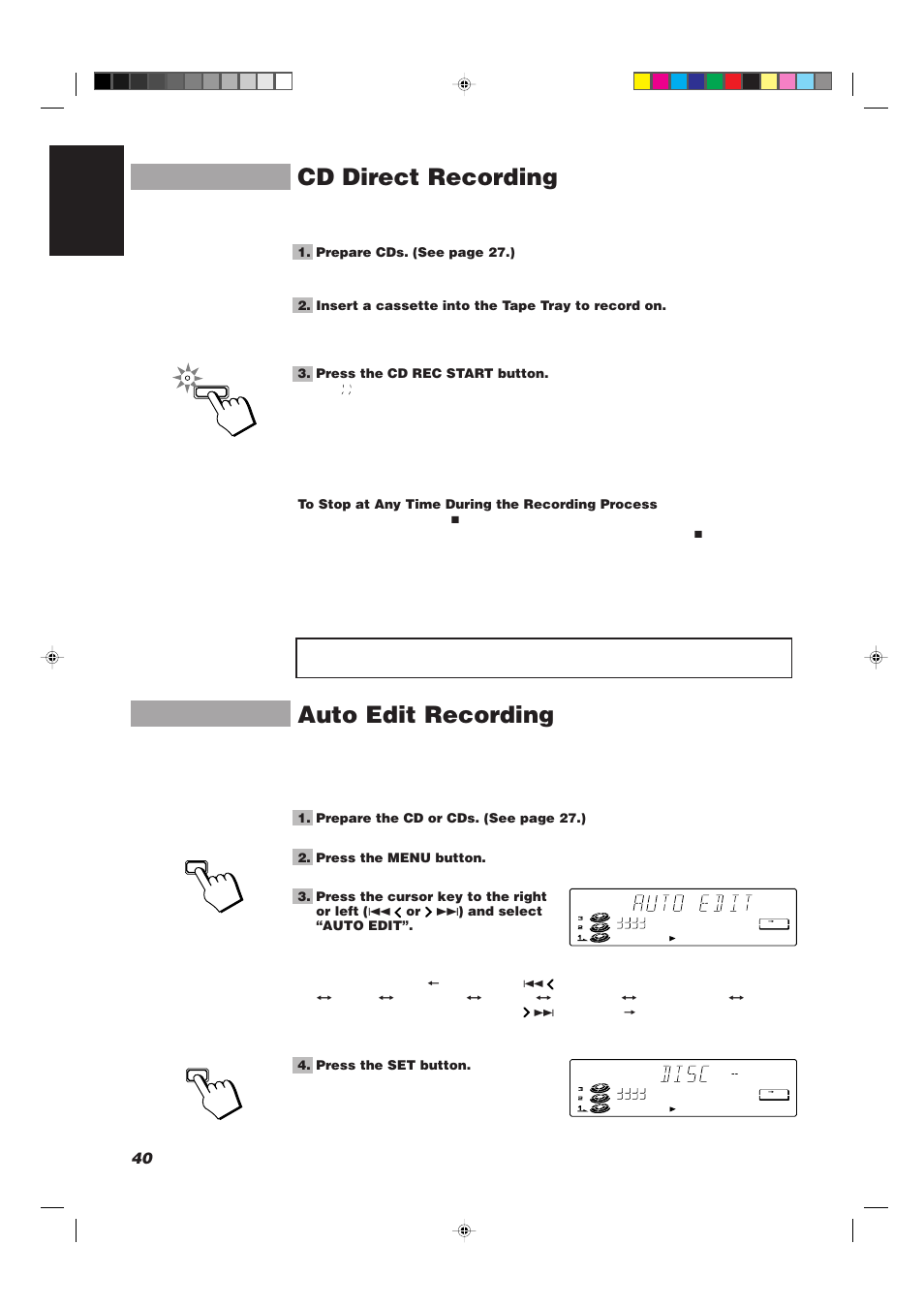 Cd direct recording, Auto edit recording, 40 english | JVC CA-TD77R User Manual | Page 44 / 57