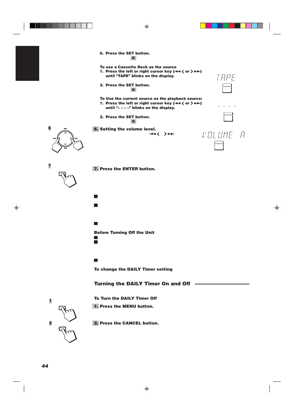 44 english, Turning the daily timer on and off | JVC CA-TD77R User Manual | Page 48 / 57