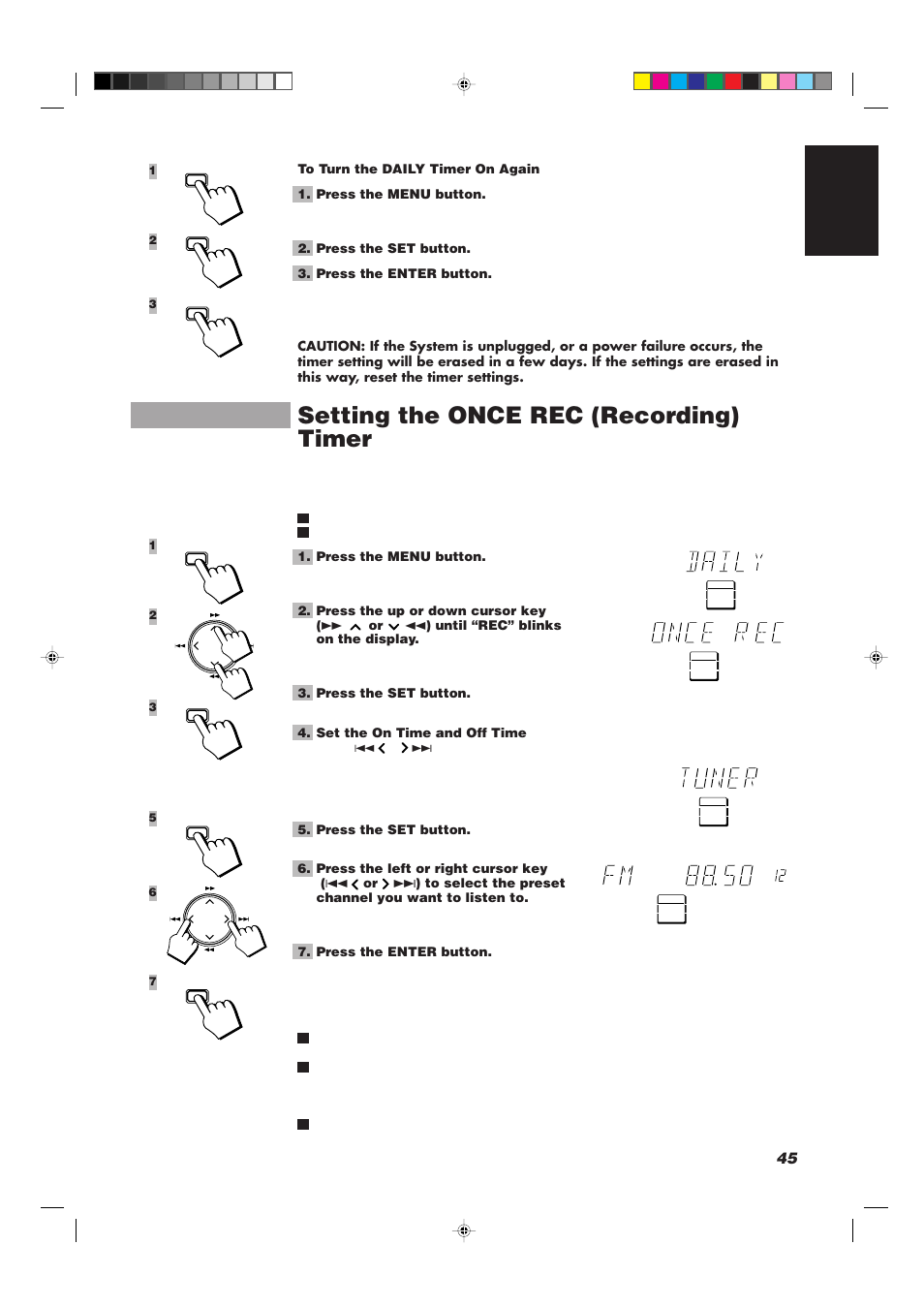 Setting the once rec (recording) timer, 45 english | JVC CA-TD77R User Manual | Page 49 / 57