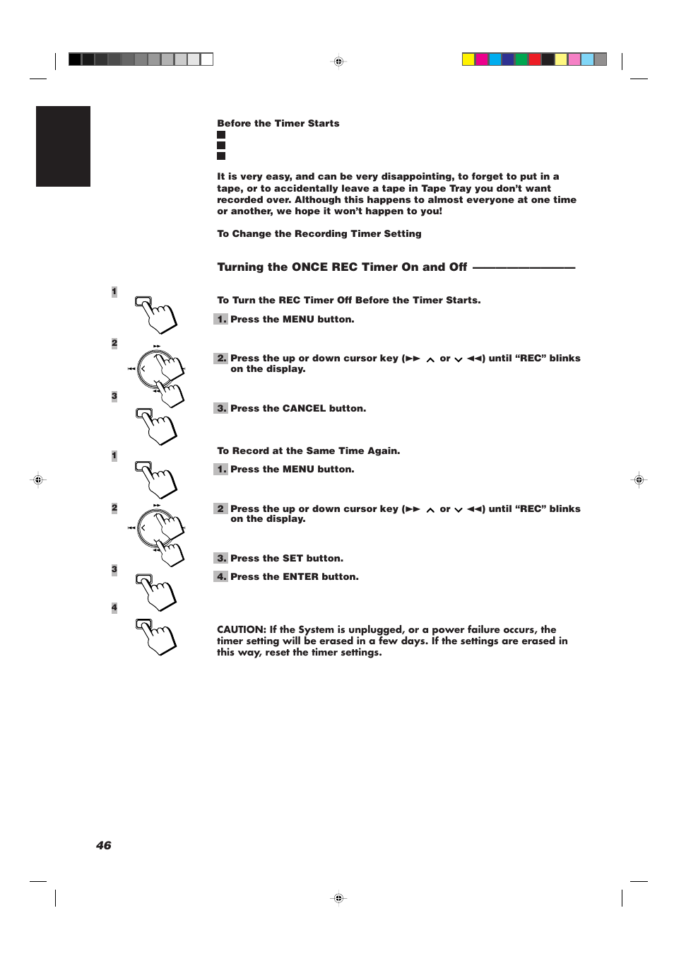 46 english, Turning the once rec timer on and off | JVC CA-TD77R User Manual | Page 50 / 57