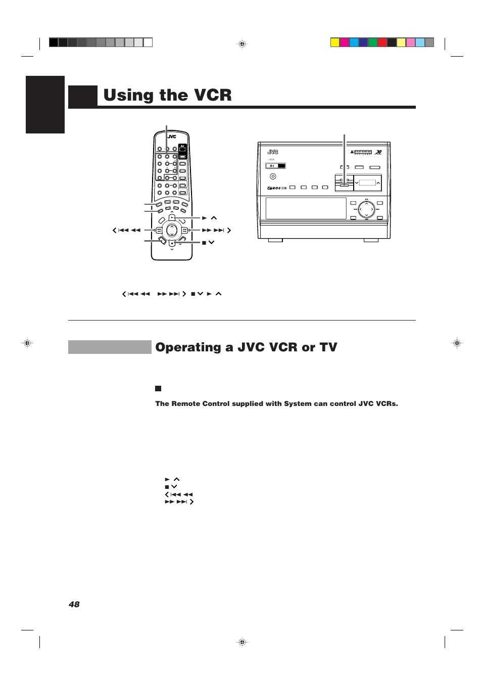 Using the vcr, Operating a jvc vcr or tv, 48 english | Tv sound/vcr 3 ¡ ¢ 7 4 1 tv sound/vcr vcr control, Number keys rec pause | JVC CA-TD77R User Manual | Page 52 / 57