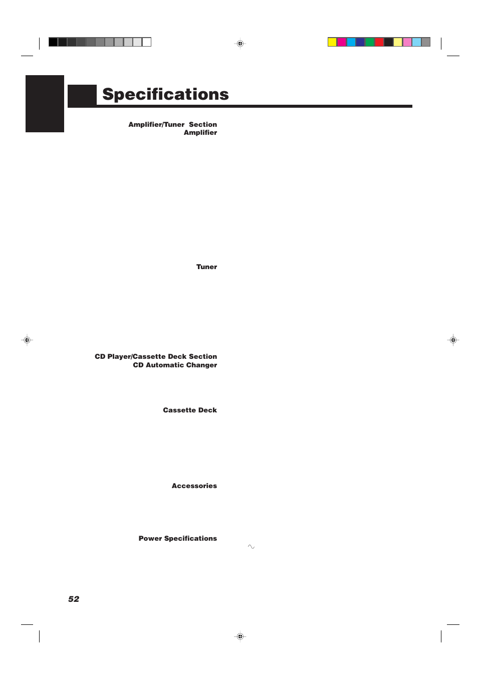 Specifications, 52 english | JVC CA-TD77R User Manual | Page 56 / 57