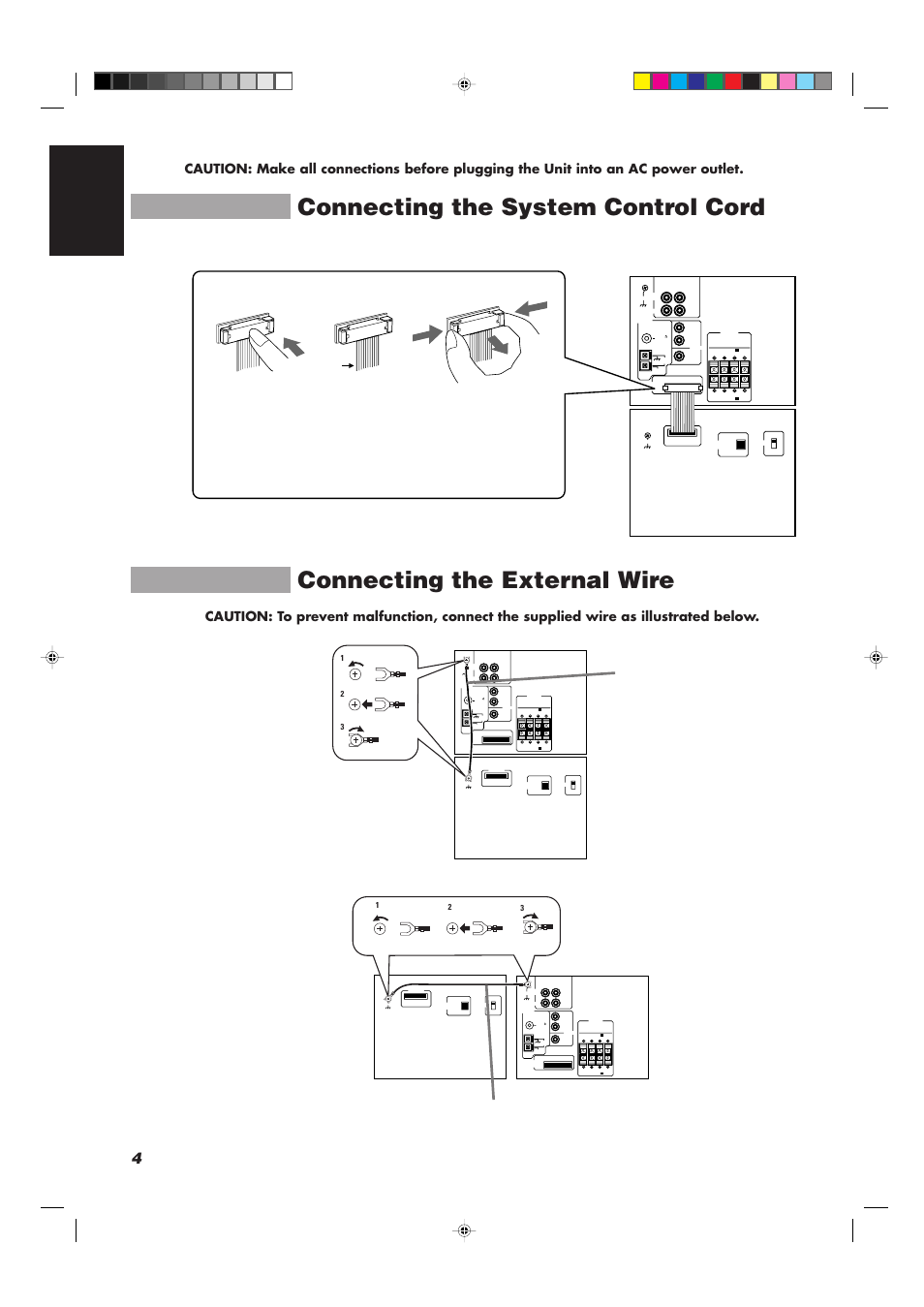 Connecting the system control cord, Connecting the external wire, 4english | External wire rx-td77r xt-td77r | JVC CA-TD77R User Manual | Page 8 / 57