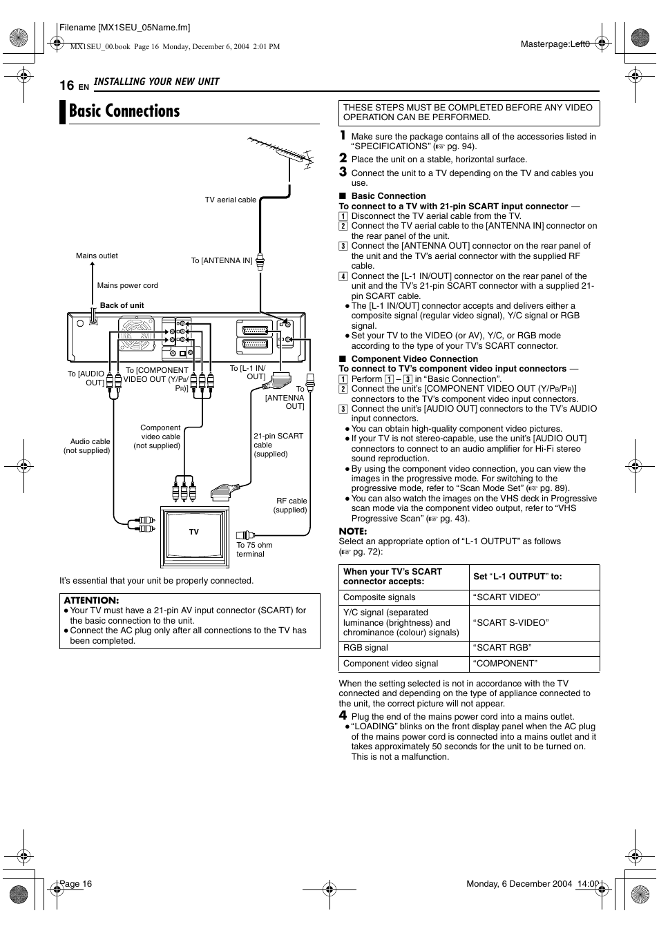 Installing your new unit, Basic connections, A pg. 16 | A pg. 16, 71, 76 | JVC LPT0976-001B User Manual | Page 16 / 100
