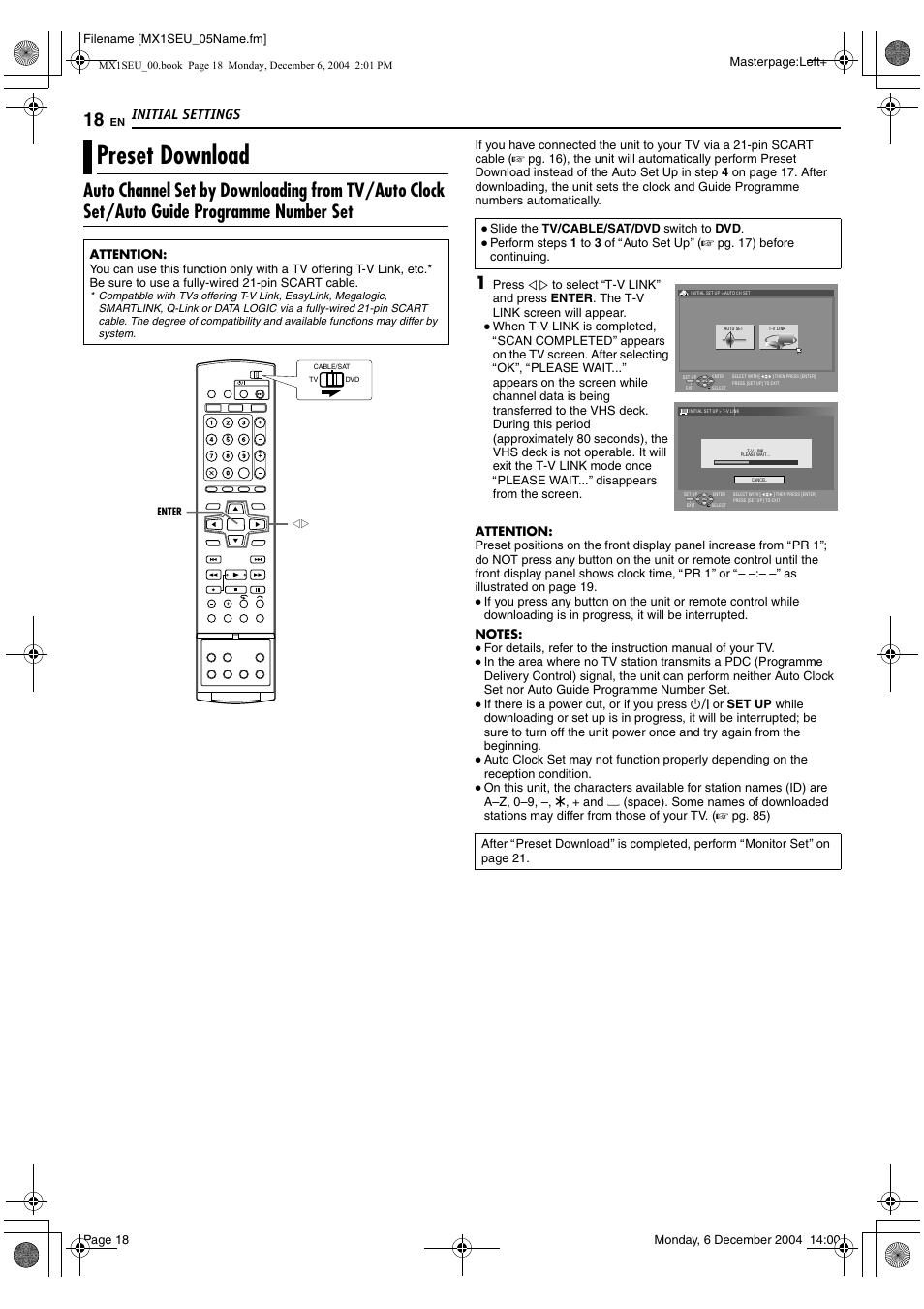 Preset download, A pg. 18) e, Initial settings | JVC LPT0976-001B User Manual | Page 18 / 100
