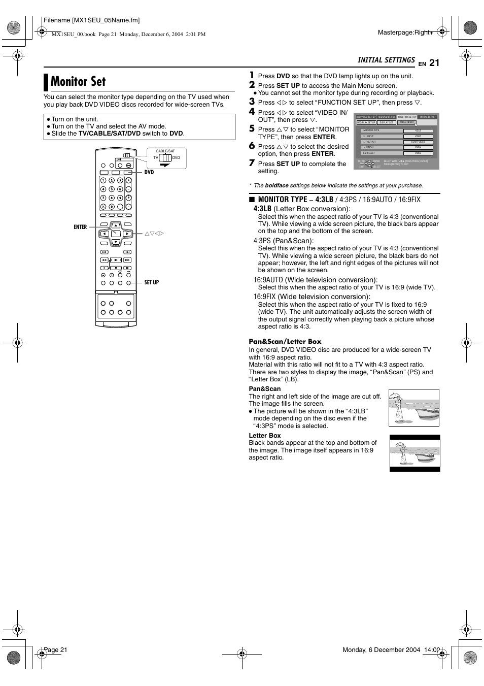Monitor set, Amonitor setb on, Amonitor setb | Initial settings, Monitor type | JVC LPT0976-001B User Manual | Page 21 / 100