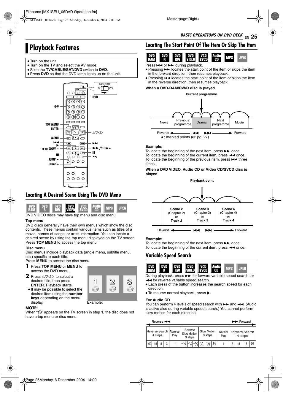 Playback features, A pg. 25, A pg. 25, 47, 40 | A pg. 25, 47, Alocating a desired scene using the dvd menub, A pg. 25), Locating a desired scene using the dvd menu, Variable speed search | JVC LPT0976-001B User Manual | Page 25 / 100