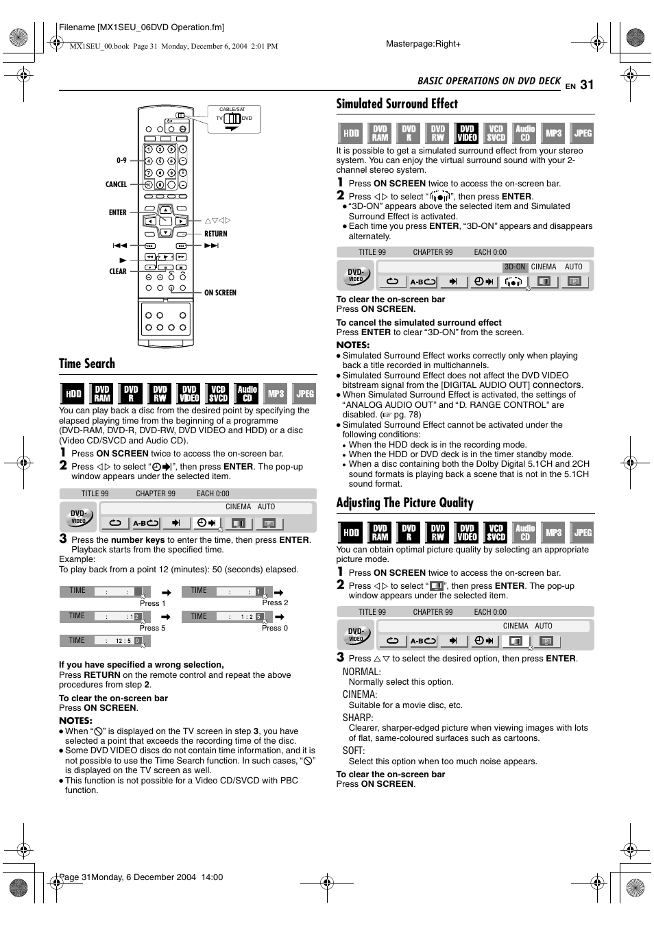 A pg. 31, A pg. 31), R picture control function. (a pg. 31) | Time search, Simulated surround effect, Adjusting the picture quality | JVC LPT0976-001B User Manual | Page 31 / 100