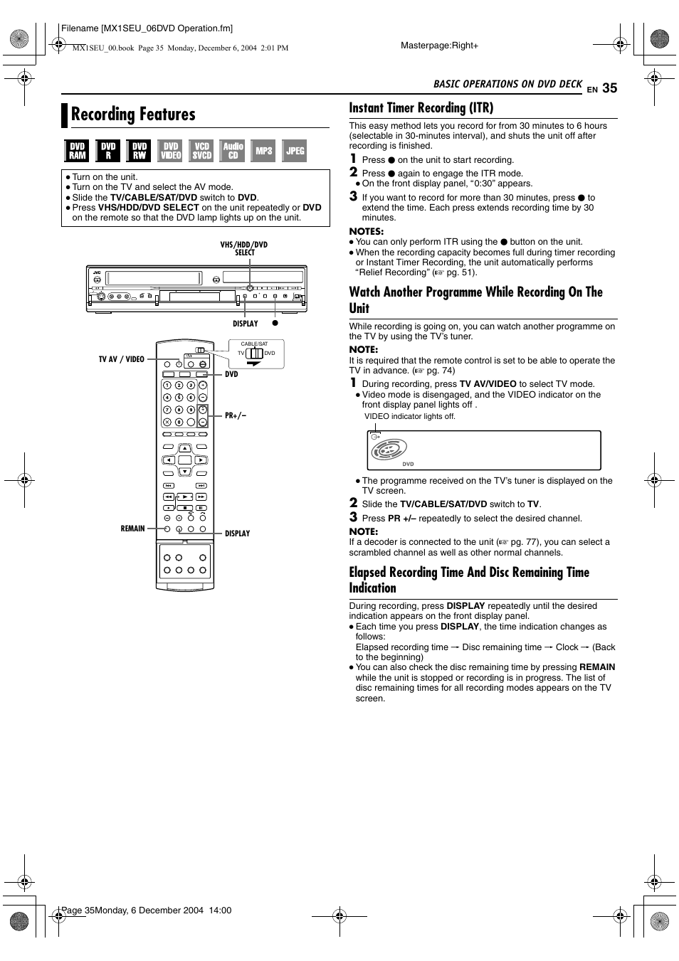 Recording features, A pg. 35, 38, A pg. 35, 3 | Instant timer recording (itr) | JVC LPT0976-001B User Manual | Page 35 / 100