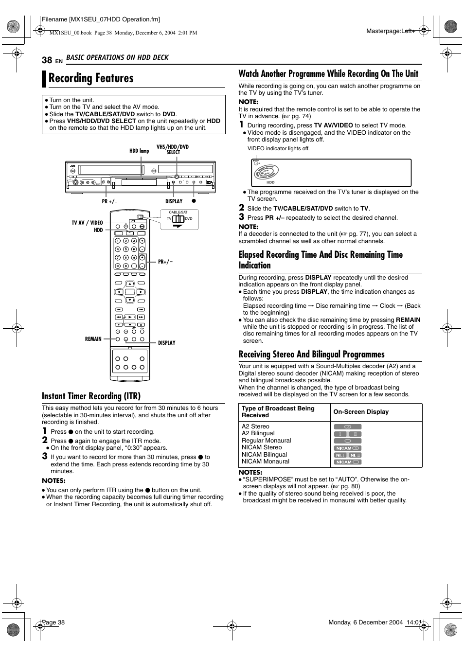 Recording features, Instant timer recording (itr), Receiving stereo and bilingual programmes | JVC LPT0976-001B User Manual | Page 38 / 100