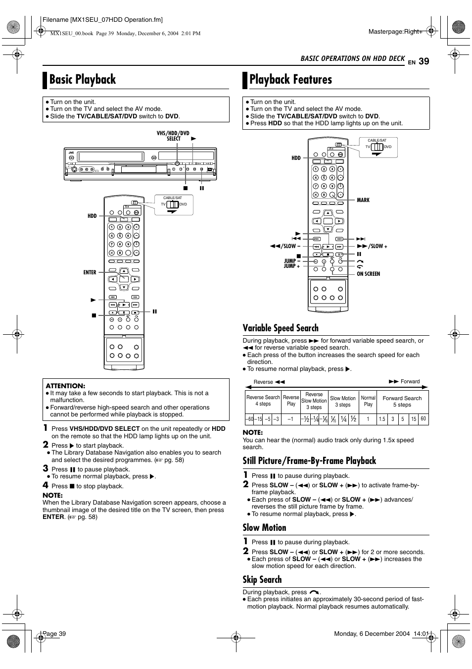 Basic playback, Playback features, Basic playback playback features | Variable speed search, Still picture/frame-by-frame playback, Slow motion, Skip search | JVC LPT0976-001B User Manual | Page 39 / 100