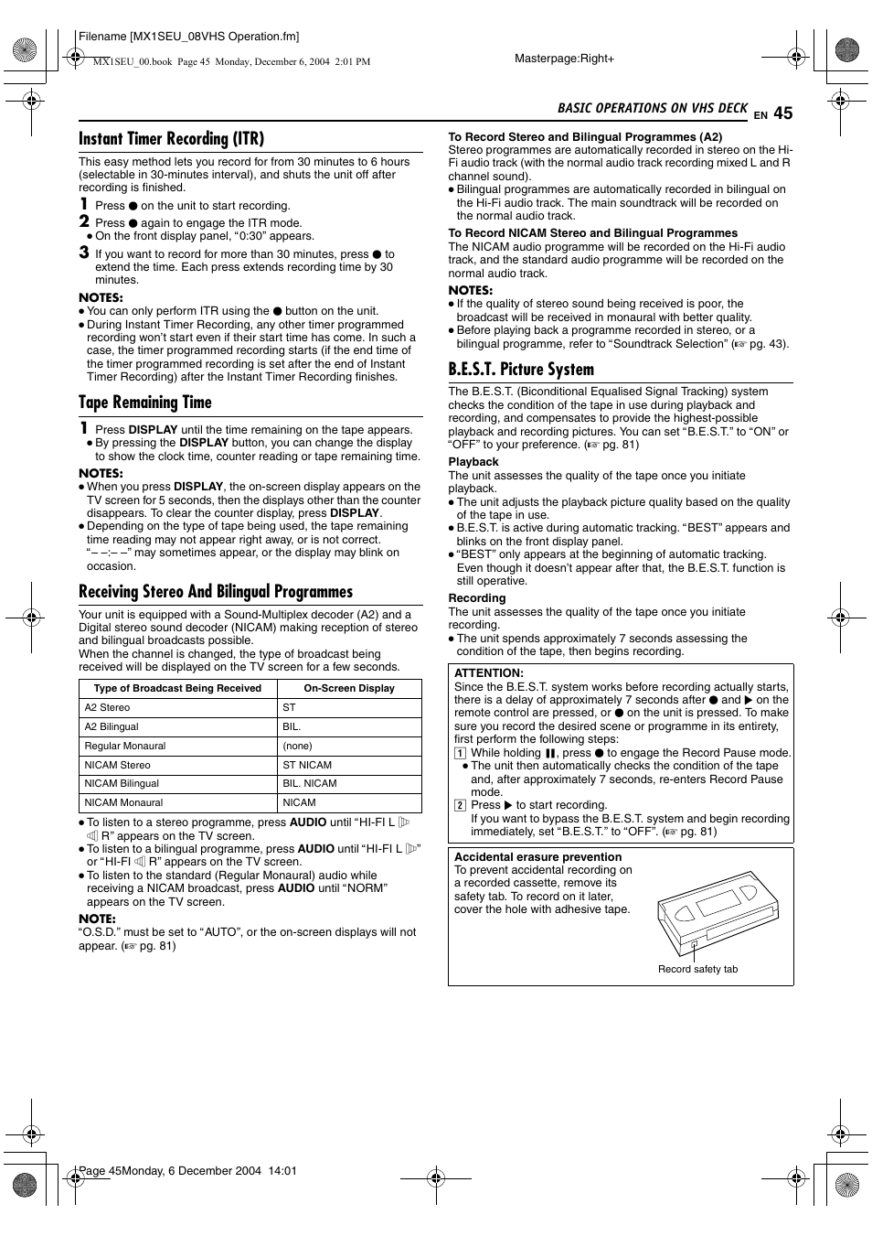 A pg. 45, Instant timer recording (itr), Tape remaining time | Receiving stereo and bilingual programmes, B.e.s.t. picture system | JVC LPT0976-001B User Manual | Page 45 / 100