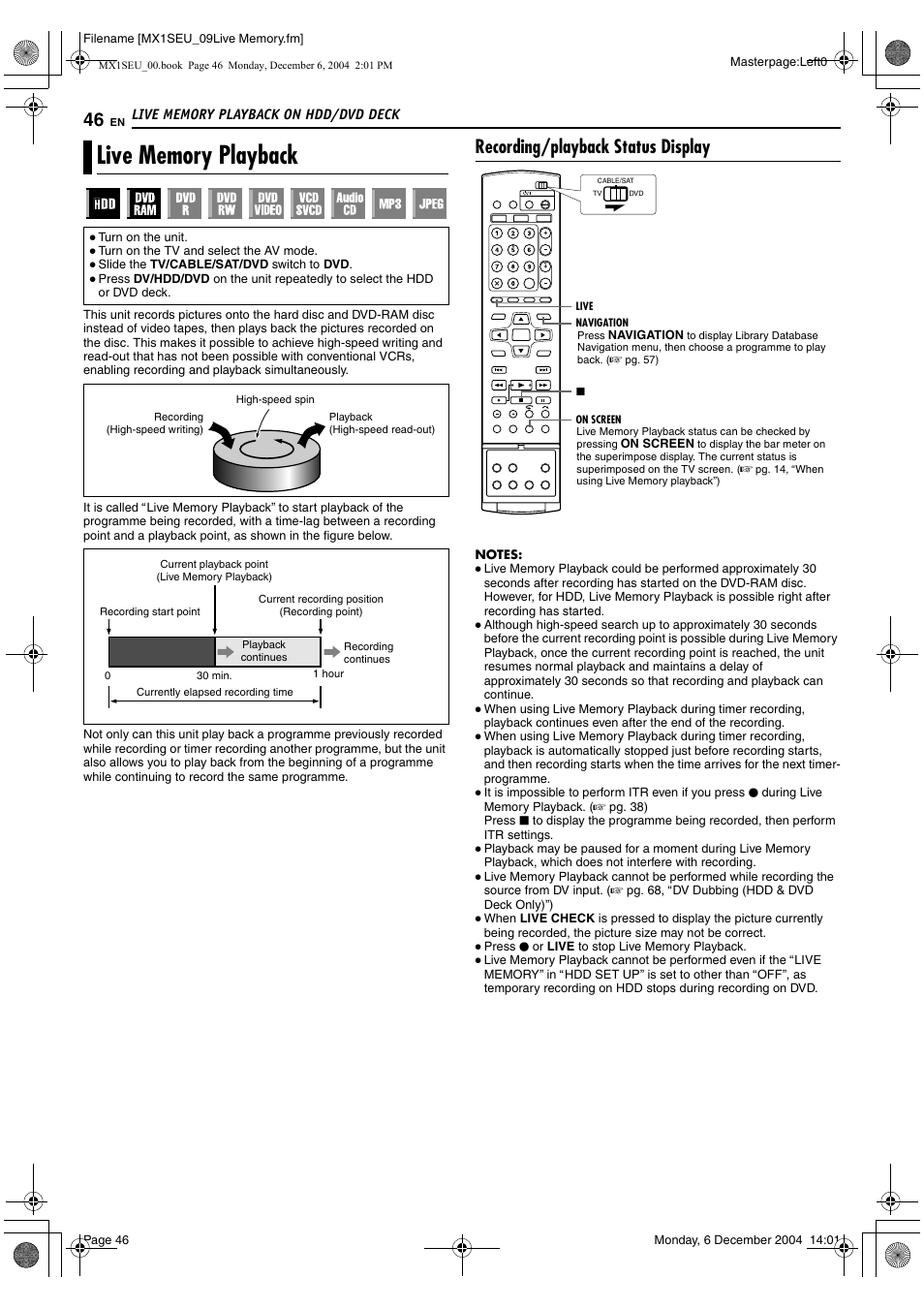 Live memory playback on hdd/dvd deck, Live memory playback, Recording/playback status display | JVC LPT0976-001B User Manual | Page 46 / 100