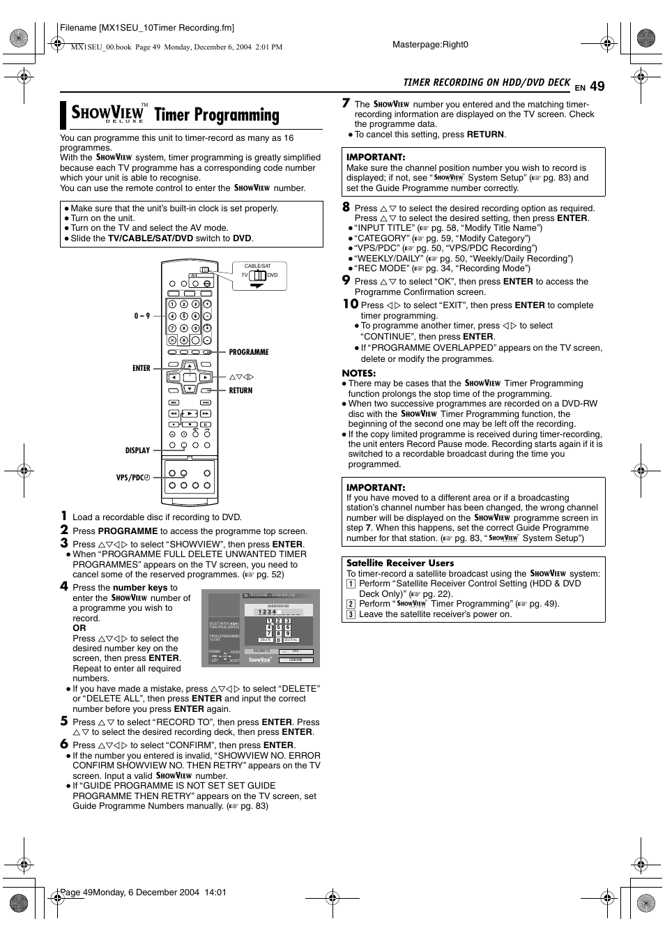 Timer recording on hdd/dvd deck, C timer programming, Timer pr | A pg. 49, 51, A pg. 49, 54), A pg. 49, 5, Recording (a pg. 49, 51), Ac timer programmingb (a pg. 49) procedure, G (a pg. 49, 51), Timer programming | JVC LPT0976-001B User Manual | Page 49 / 100