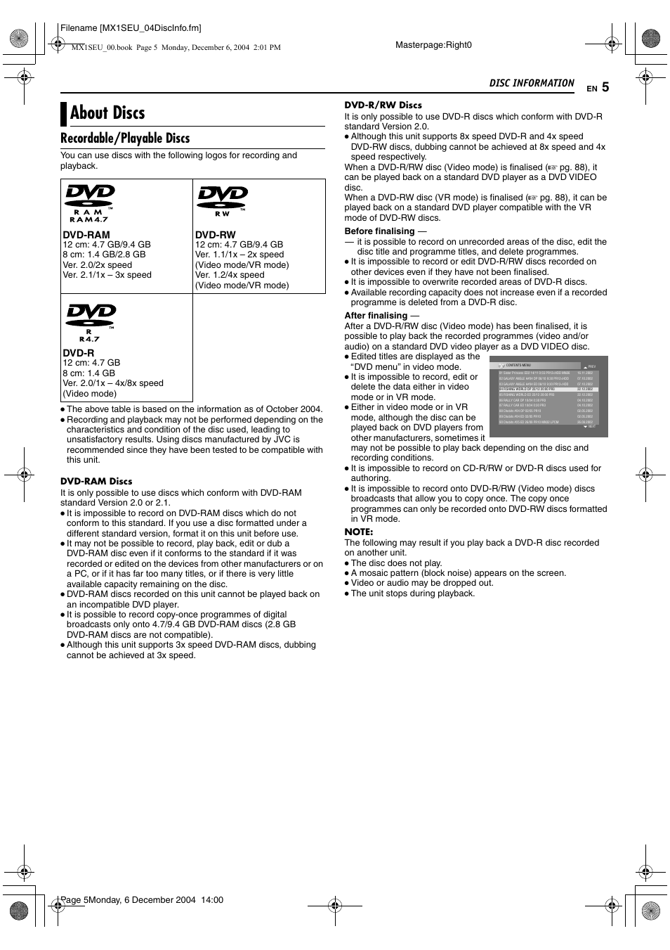 Disc information, About discs, Recordable/playable discs | Dvd-ram, Dvd-rw, Dvd-r | JVC LPT0976-001B User Manual | Page 5 / 100