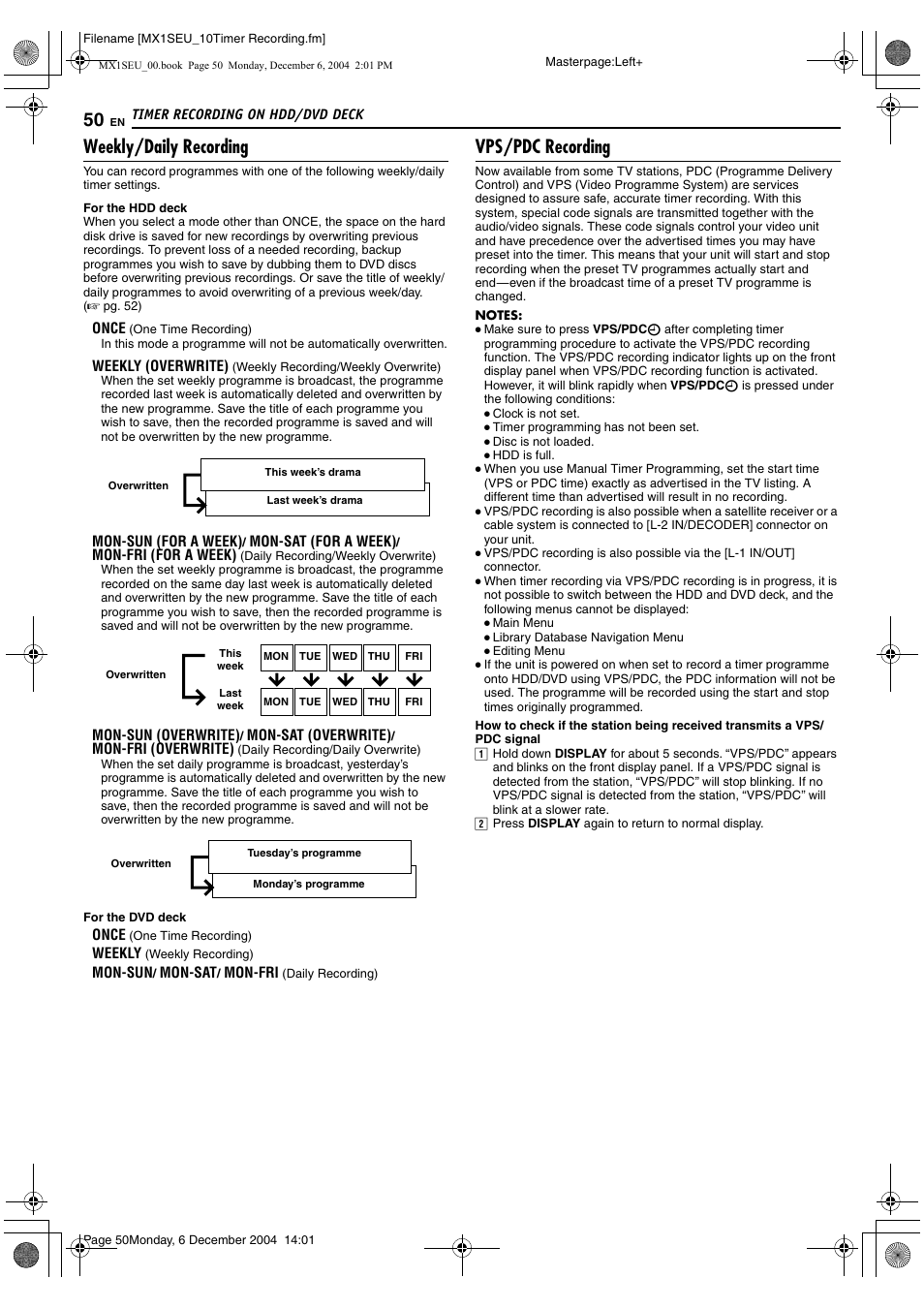 Rding (a pg. 50), Vps/pdc indicator a pg. 50, A pg. 50 | A pg. 50, avps/pdc recordingb), A pg. 50, aweekly/daily recordingb), Weekly/daily recording, Vps/pdc recording | JVC LPT0976-001B User Manual | Page 50 / 100