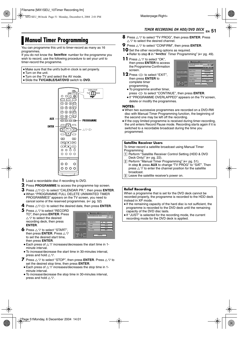 Manual timer programming, A pg. 51, 83, Arelief recordingb (a pg. 51). t | Timer recording on hdd/dvd deck | JVC LPT0976-001B User Manual | Page 51 / 100