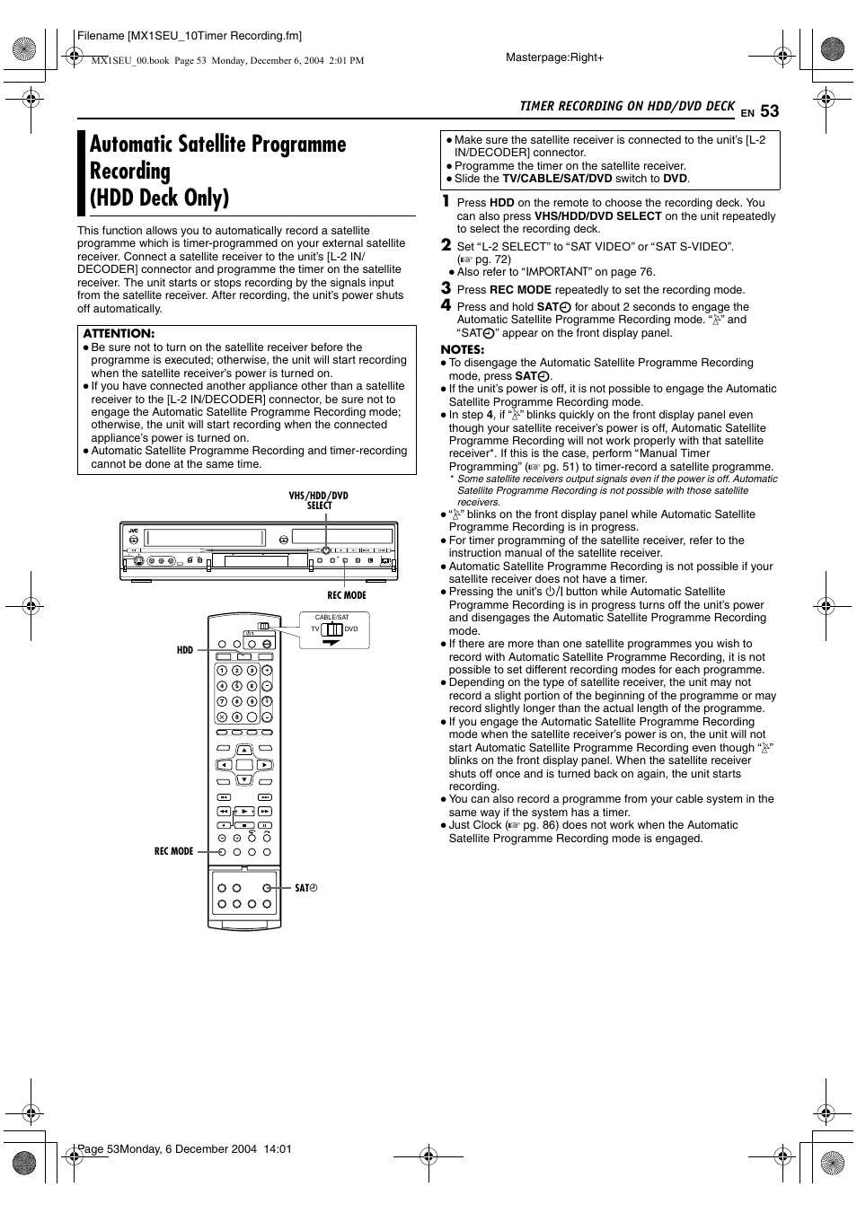 Automatic satellite programme recording, Hdd deck only), Mode (a pg. 53), slightly bef | A pg. 53, A pg. 53) is perf | JVC LPT0976-001B User Manual | Page 53 / 100