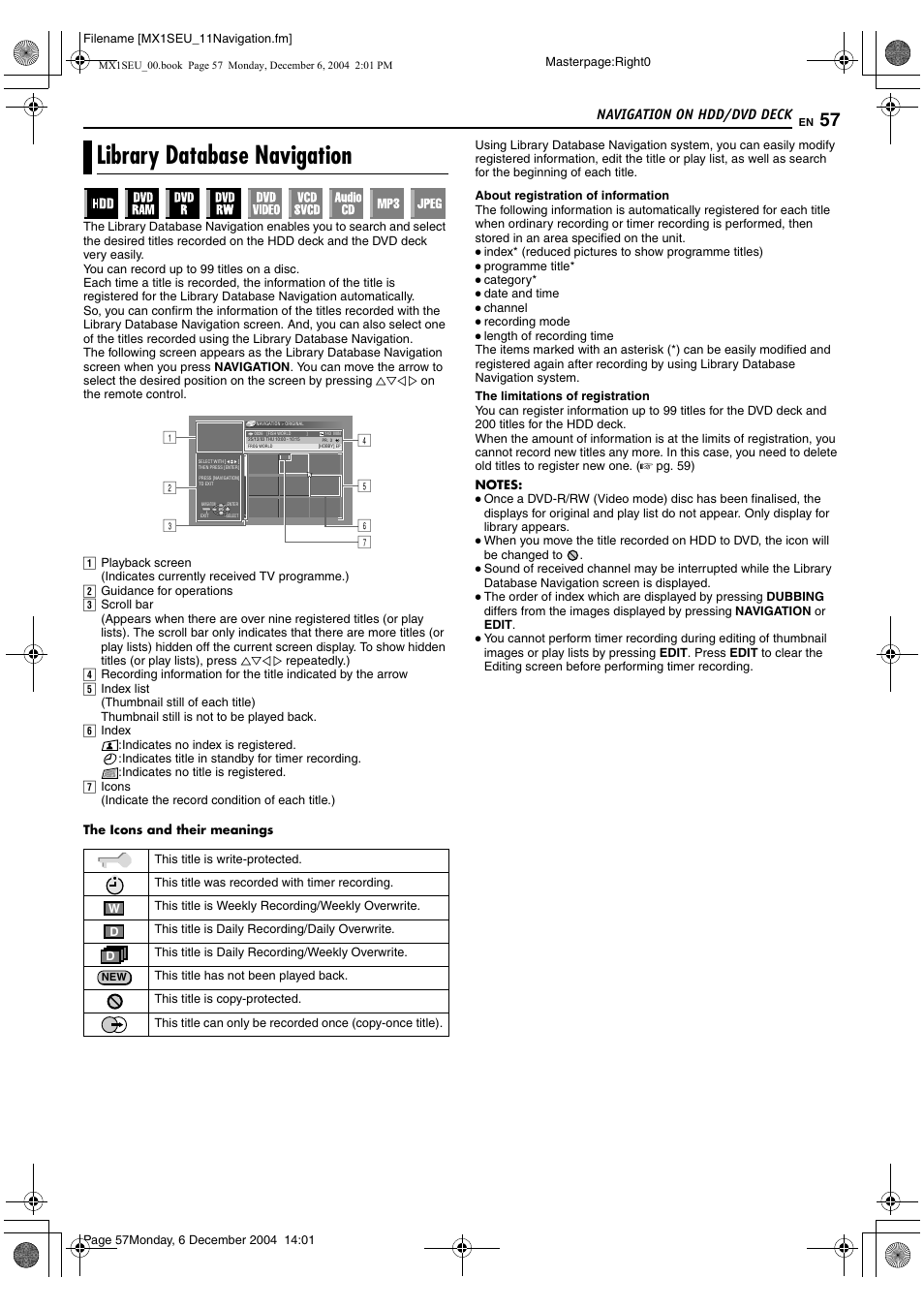 Navigation on hdd/dvd deck, Library database navigation, A pg. 57 | Tomatically recorded. (a pg. 57) t, Pg. 57) | JVC LPT0976-001B User Manual | Page 57 / 100