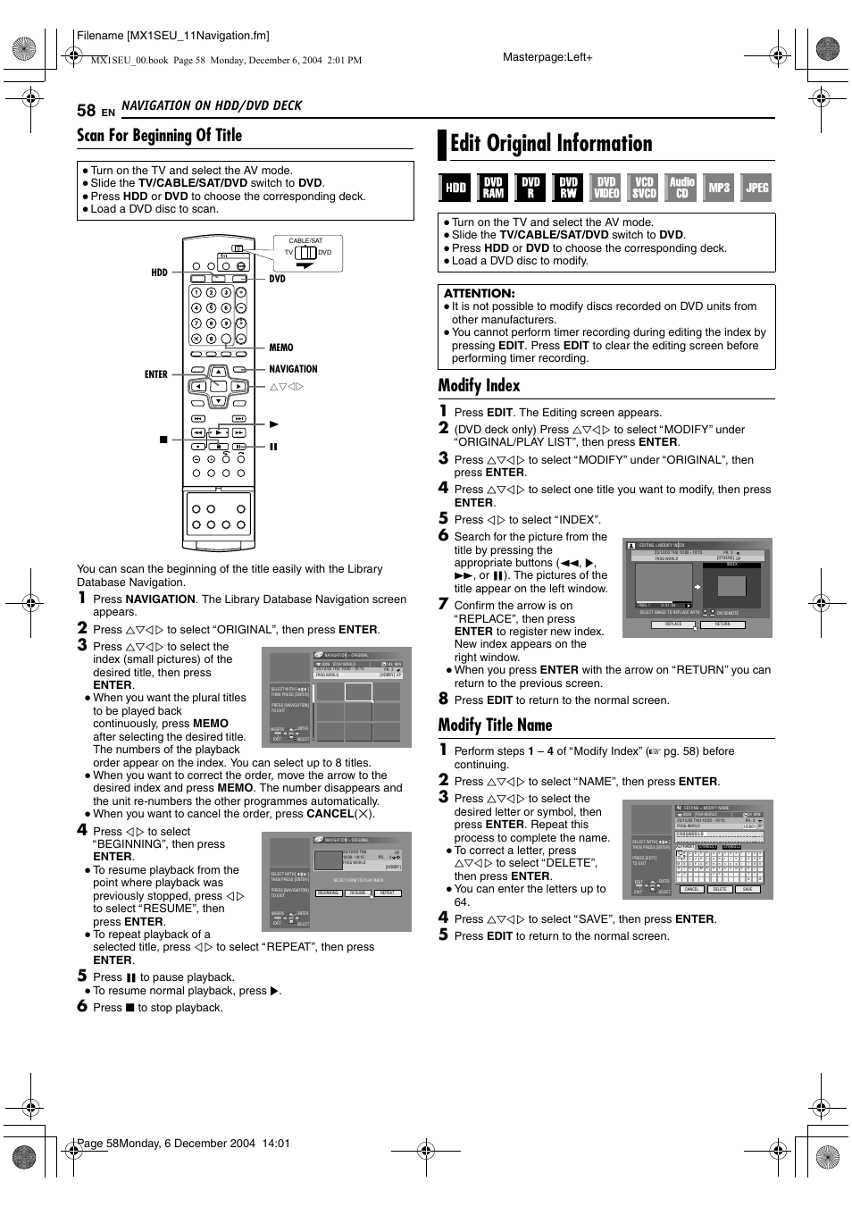 Edit original information, A pg. 58, 61, A pg. 58 | A pg. 58), A pg. 58, amodify title nameb), Scan for beginning of title, Modify index, Modify title name, Navigation on hdd/dvd deck, Filename [mx1seu_11navigation.fm] masterpage:left | JVC LPT0976-001B User Manual | Page 58 / 100