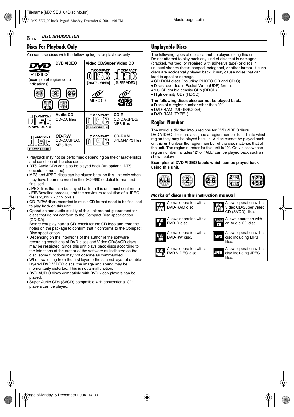 Discs for playback only, Unplayable discs, Region number | JVC LPT0976-001B User Manual | Page 6 / 100