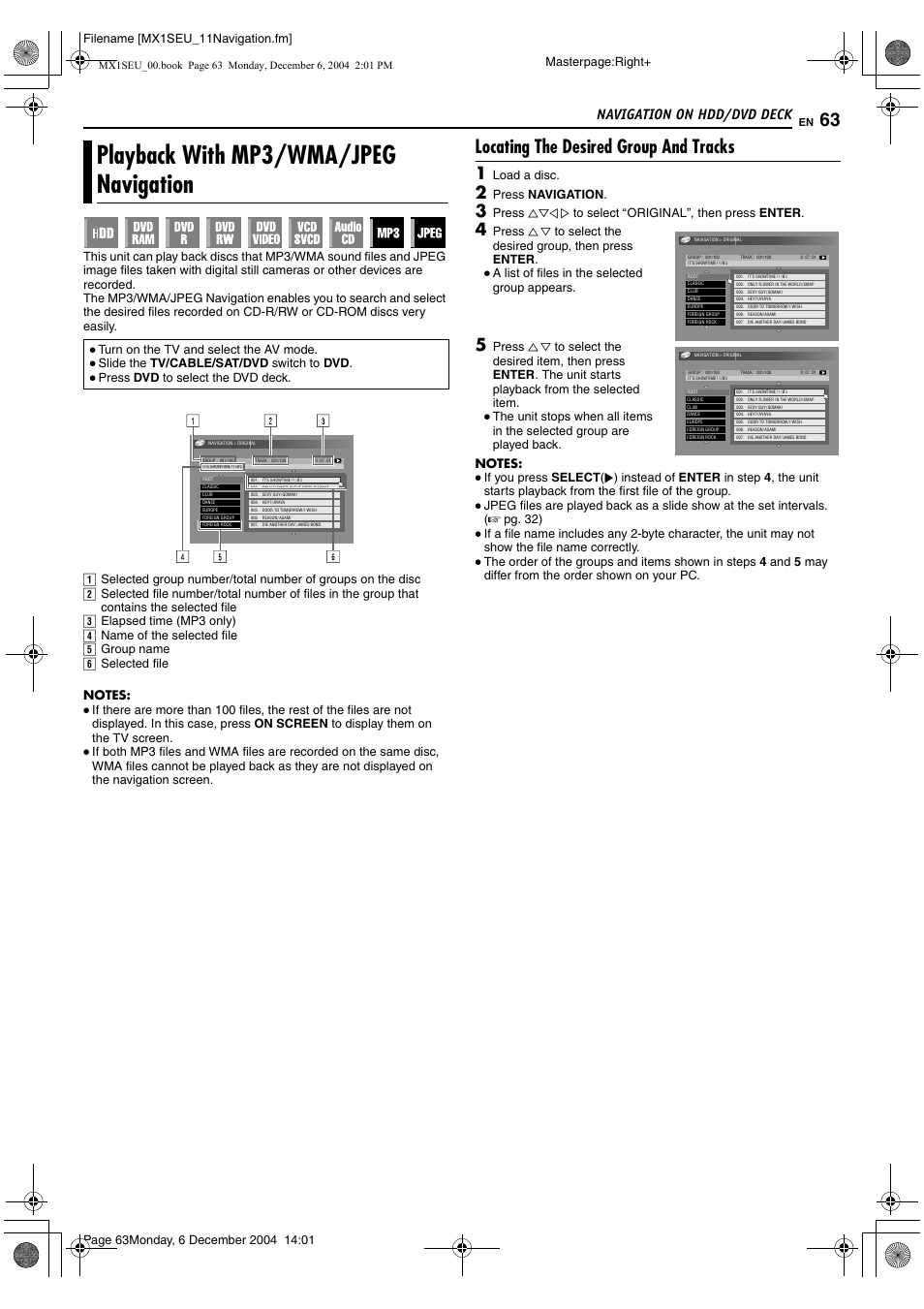 Playback with mp3/wma/jpeg navigation, A pg. 63, Aplayback with mp3/wma | Jpeg navigation, B (a pg. 63), Locating the desired group and tracks, Navigation on hdd/dvd deck, Masterpage:right, Filename [mx1seu_11navigation.fm, Load a disc | JVC LPT0976-001B User Manual | Page 63 / 100