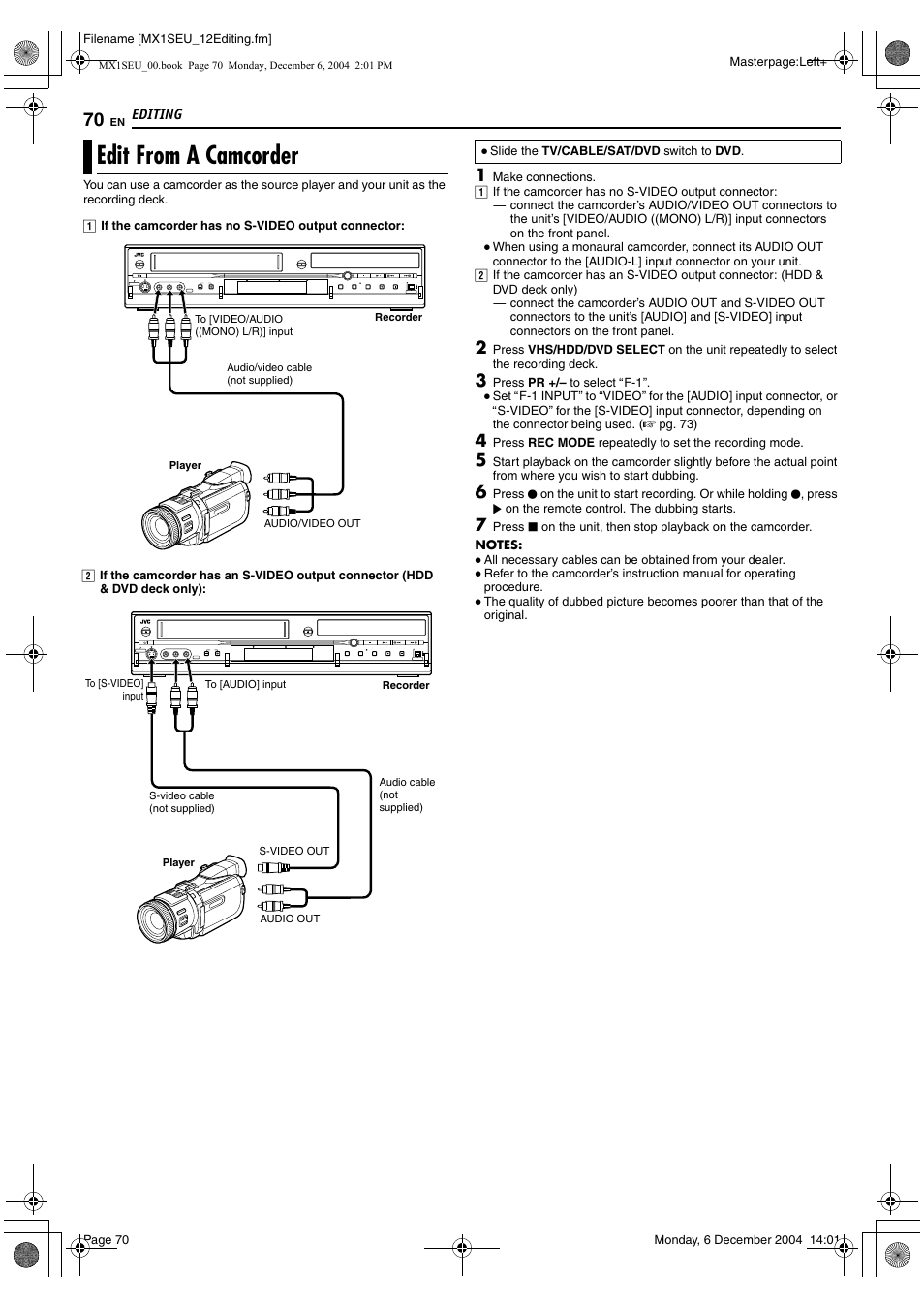 Edit from a camcorder, A pg. 70 | JVC LPT0976-001B User Manual | Page 70 / 100