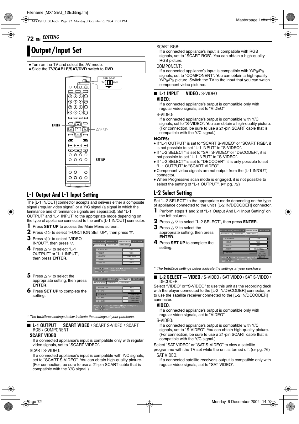 Output/input set, A pg. 72), Pg. 72) | A pg. 72). prog, L-1 output and l-1 input setting, L-2 select setting, Editing, L-1 output, Scart video, L-1 input | JVC LPT0976-001B User Manual | Page 72 / 100
