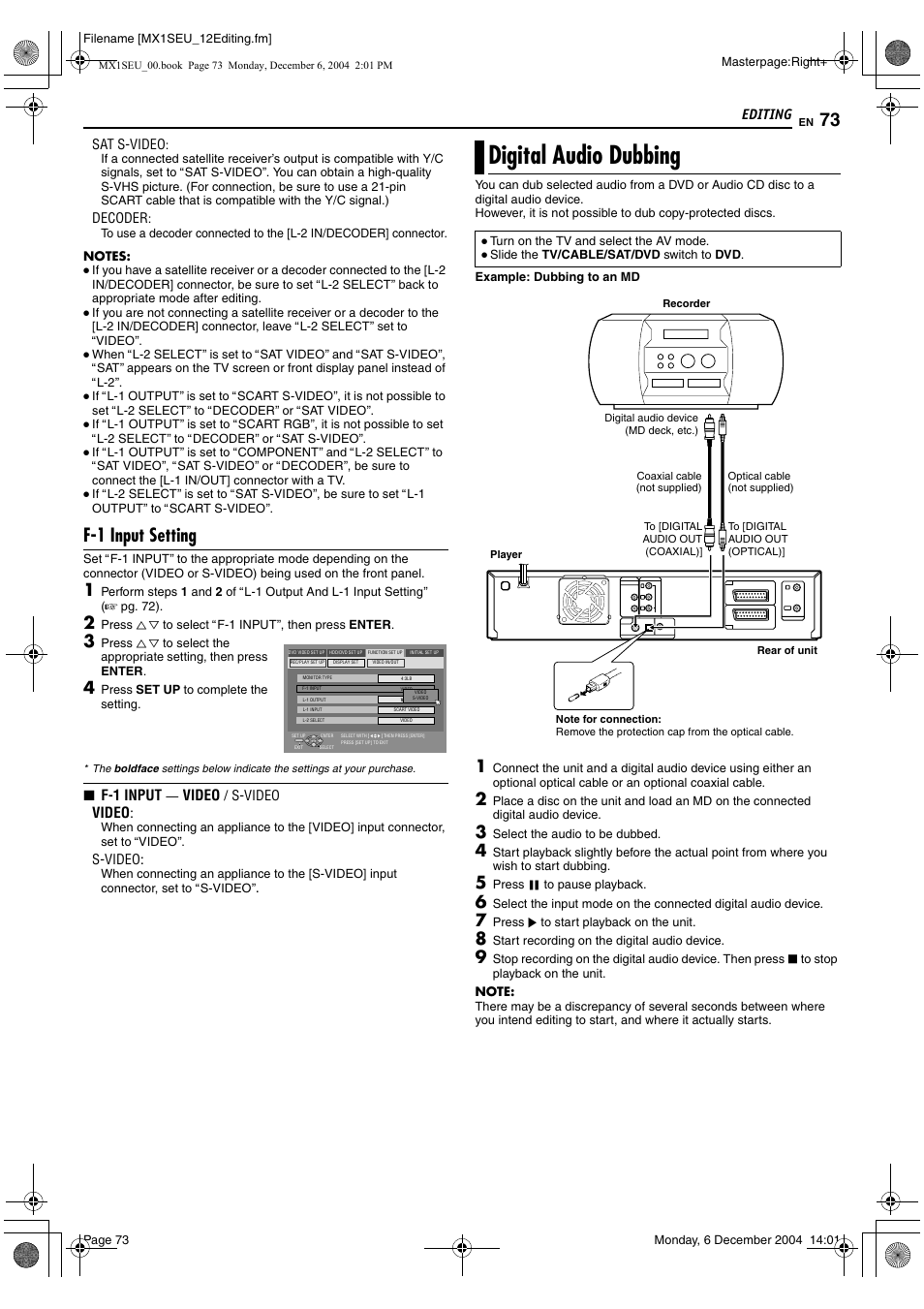 Digital audio dubbing, A pg. 73, 77, A pg. 73) | F-1 input setting, Editing, F-1 input, Video | JVC LPT0976-001B User Manual | Page 73 / 100