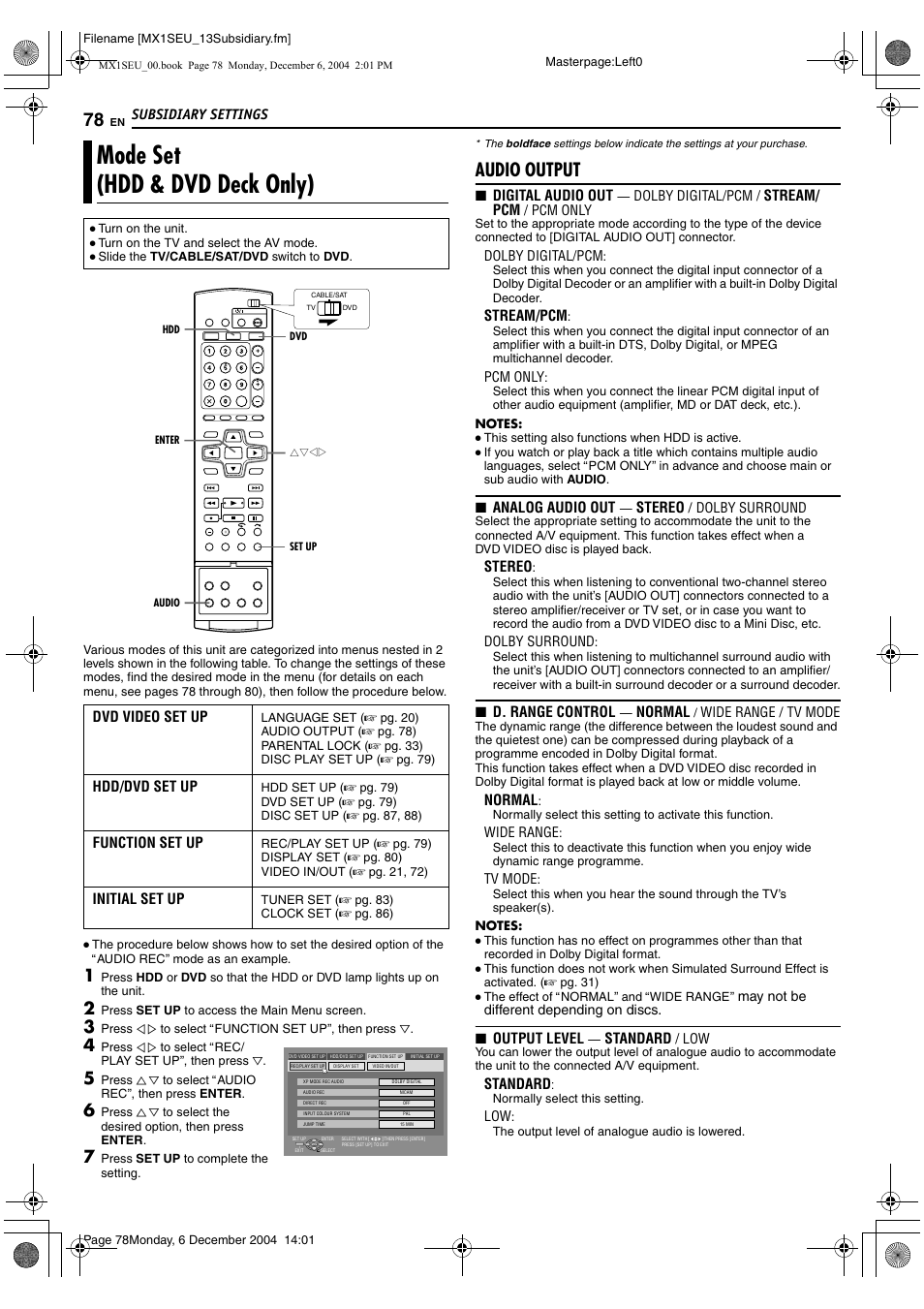 Subsidiary settings, Mode set (hdd & dvd deck only), A pg. 78) | Audio output | JVC LPT0976-001B User Manual | Page 78 / 100