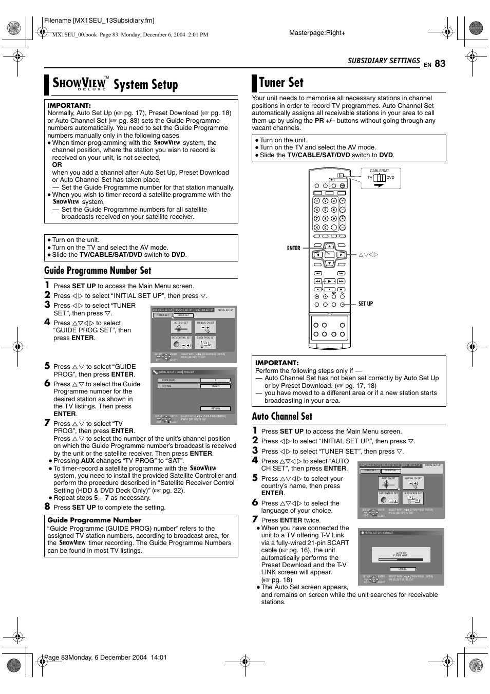 C system setup, Tuner set, Ner setting (a pg. 83) | Setting. (a pg. 83), Ed (a pg. 83), A pg. 83), Ac system setupb (a pg. 83) and, A pg. 83, Ac system setupb), System setup | JVC LPT0976-001B User Manual | Page 83 / 100