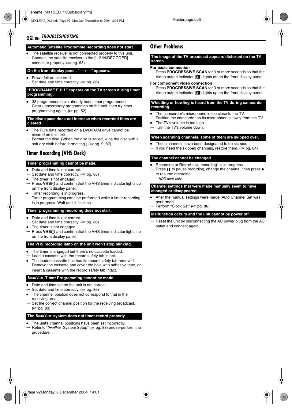 Timer recording (vhs deck), Other problems | JVC LPT0976-001B User Manual | Page 92 / 100