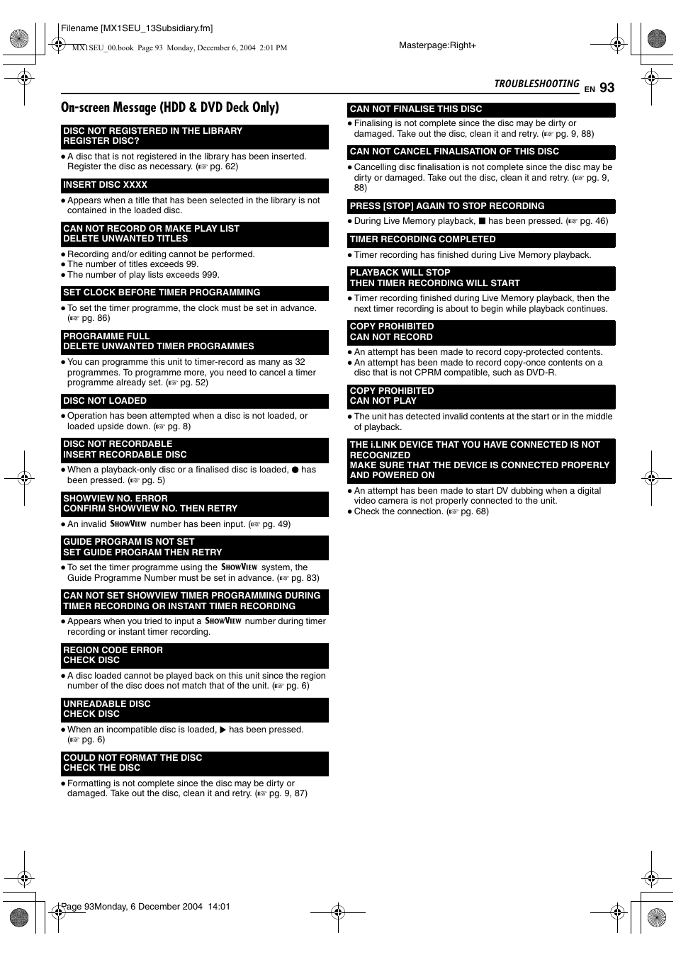 On-screen message (hdd & dvd deck only) | JVC LPT0976-001B User Manual | Page 93 / 100