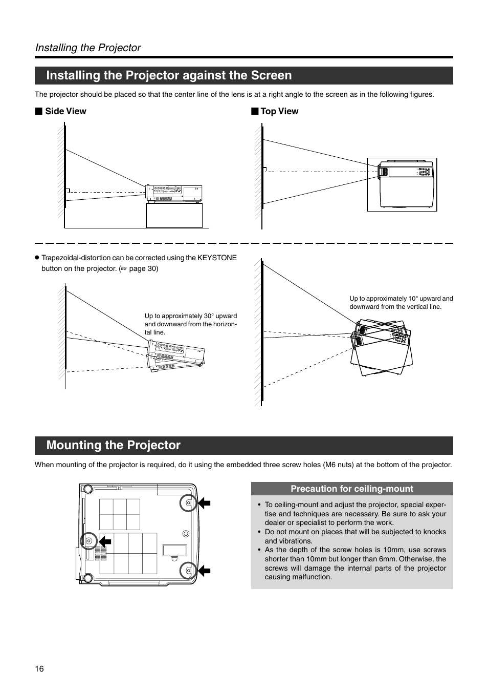 Installing the projector against the screen, Mounting the projector, Installing the projector | JVC DLA-SX21SU User Manual | Page 16 / 58
