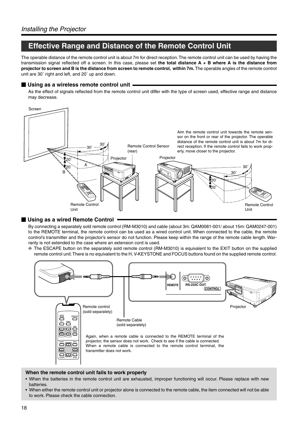 Installing the projector, Using as a wireless remote control unit, Using as a wired remote control | JVC DLA-SX21SU User Manual | Page 18 / 58