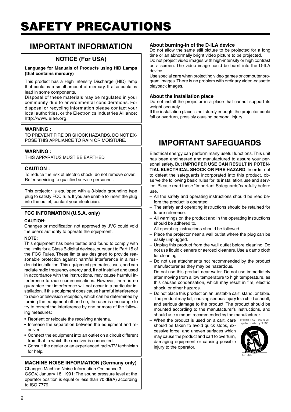 Safety precautions, Important information, Important safeguards | Notice (for usa) | JVC DLA-SX21SU User Manual | Page 2 / 58