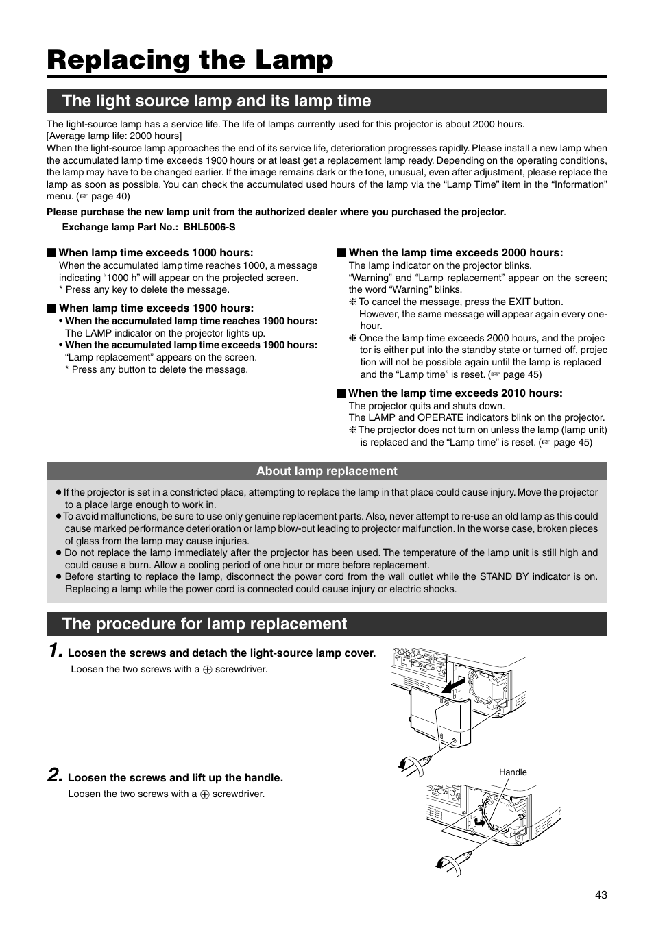 Replacing the lamp, The light source lamp and its lamp time, The procedure for lamp replacement | JVC DLA-SX21SU User Manual | Page 43 / 58