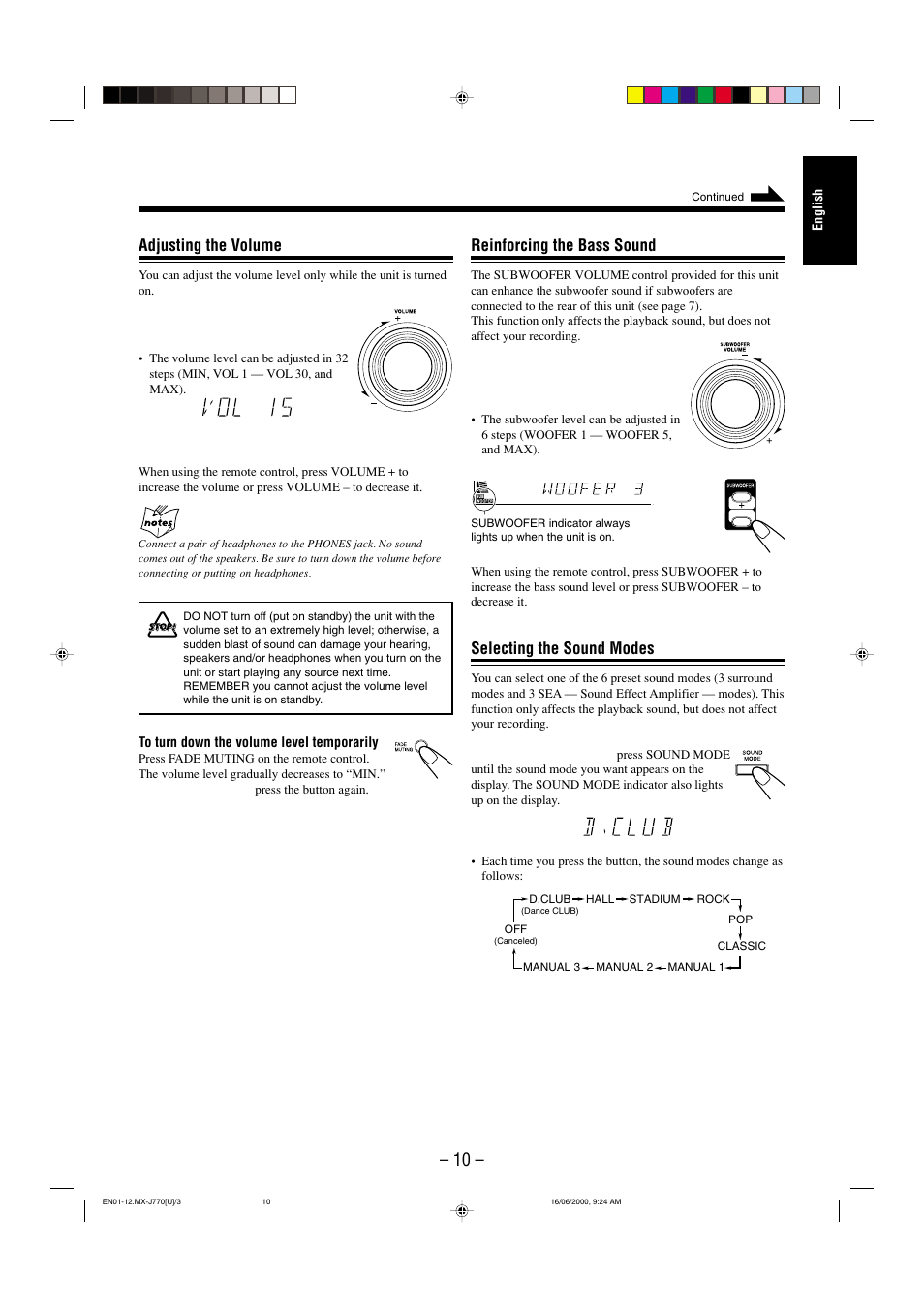 Adjusting the volume, Reinforcing the bass sound, Selecting the sound modes | JVC CA-MXJ770V User Manual | Page 11 / 34