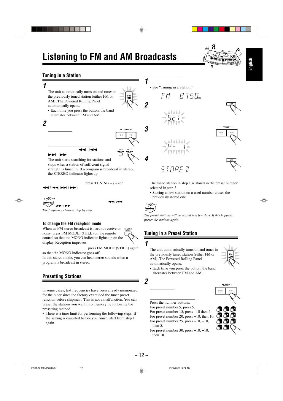 Listening to fm and am broadcasts, Tuning in a station, Presetting stations | Tuning in a preset station | JVC CA-MXJ770V User Manual | Page 13 / 34