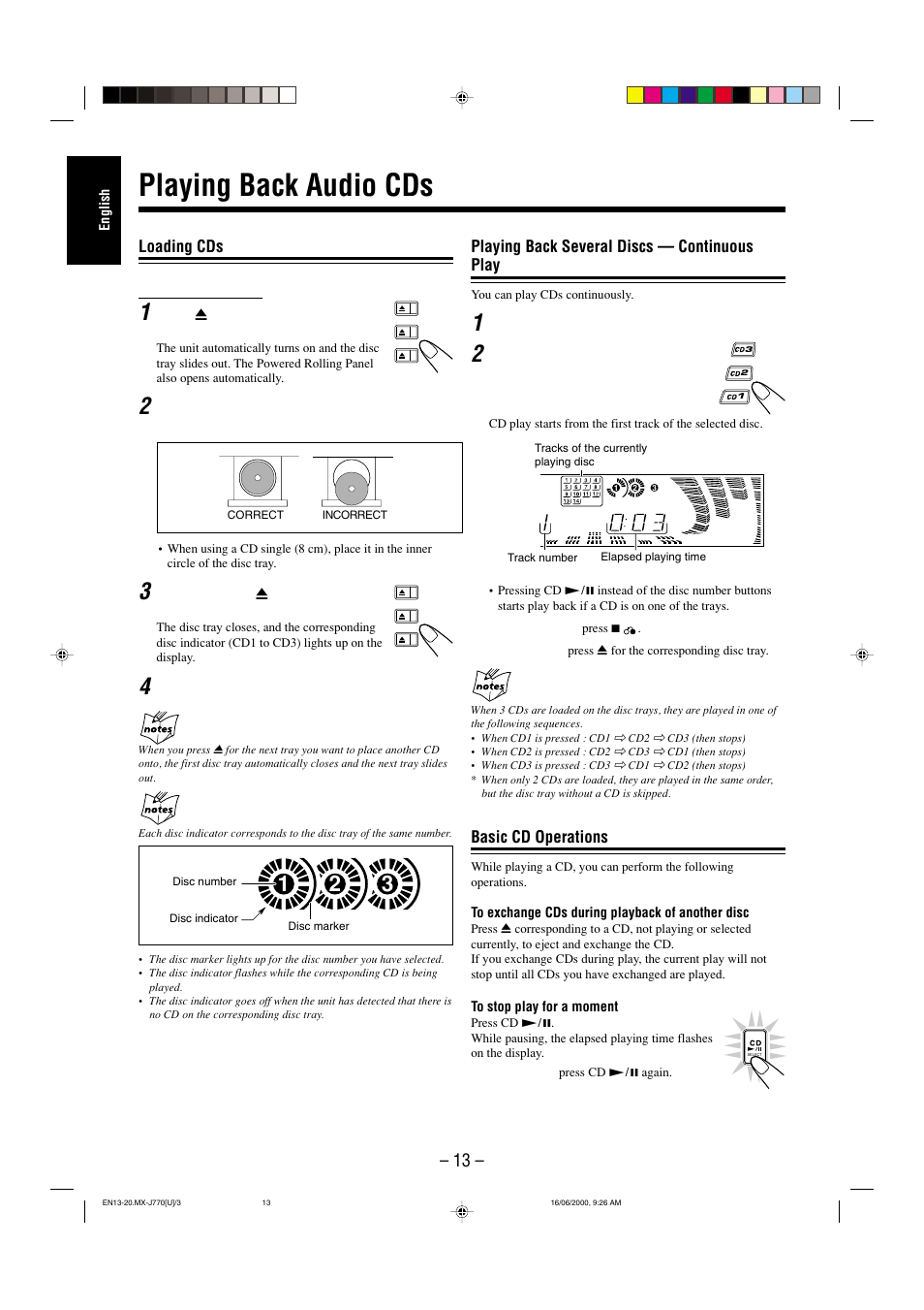 Playing back audio cds, Loading cds, Playing back several discs — continuous play | Basic cd operations | JVC CA-MXJ770V User Manual | Page 14 / 34