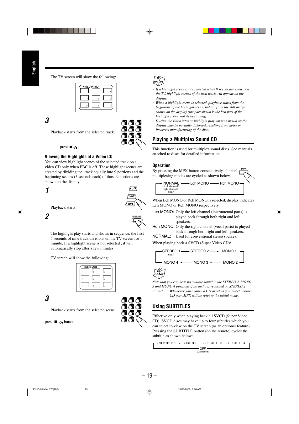 Playing a multiplex sound cd, Using subtitles | JVC CA-MXJ770V User Manual | Page 20 / 34