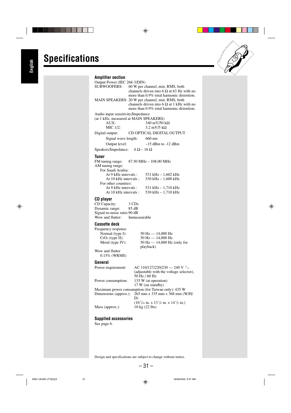 Specifications | JVC CA-MXJ770V User Manual | Page 32 / 34