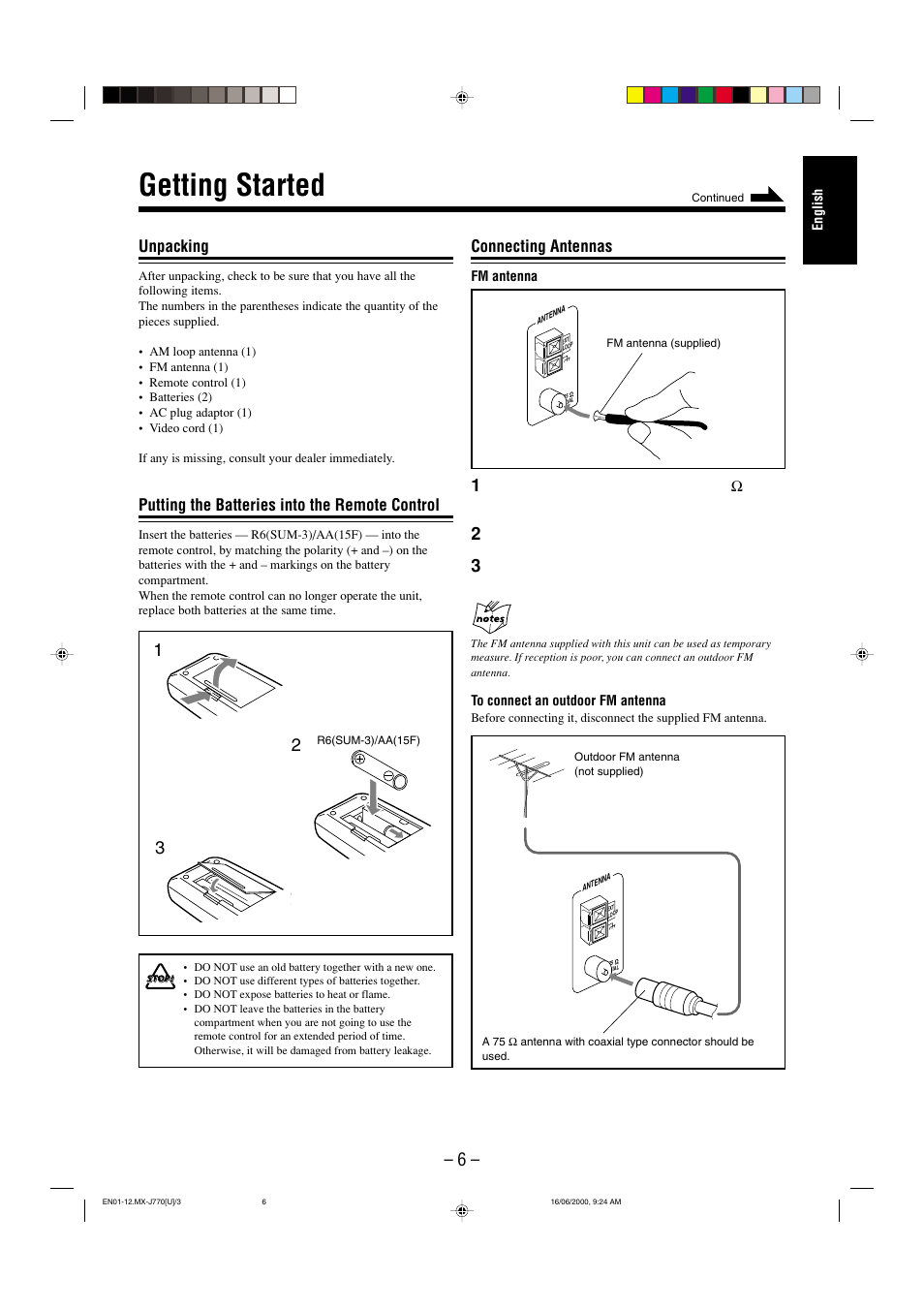 Getting started, Unpacking, Putting the batteries into the remote control | Connecting antennas, Extend the fm antenna | JVC CA-MXJ770V User Manual | Page 7 / 34