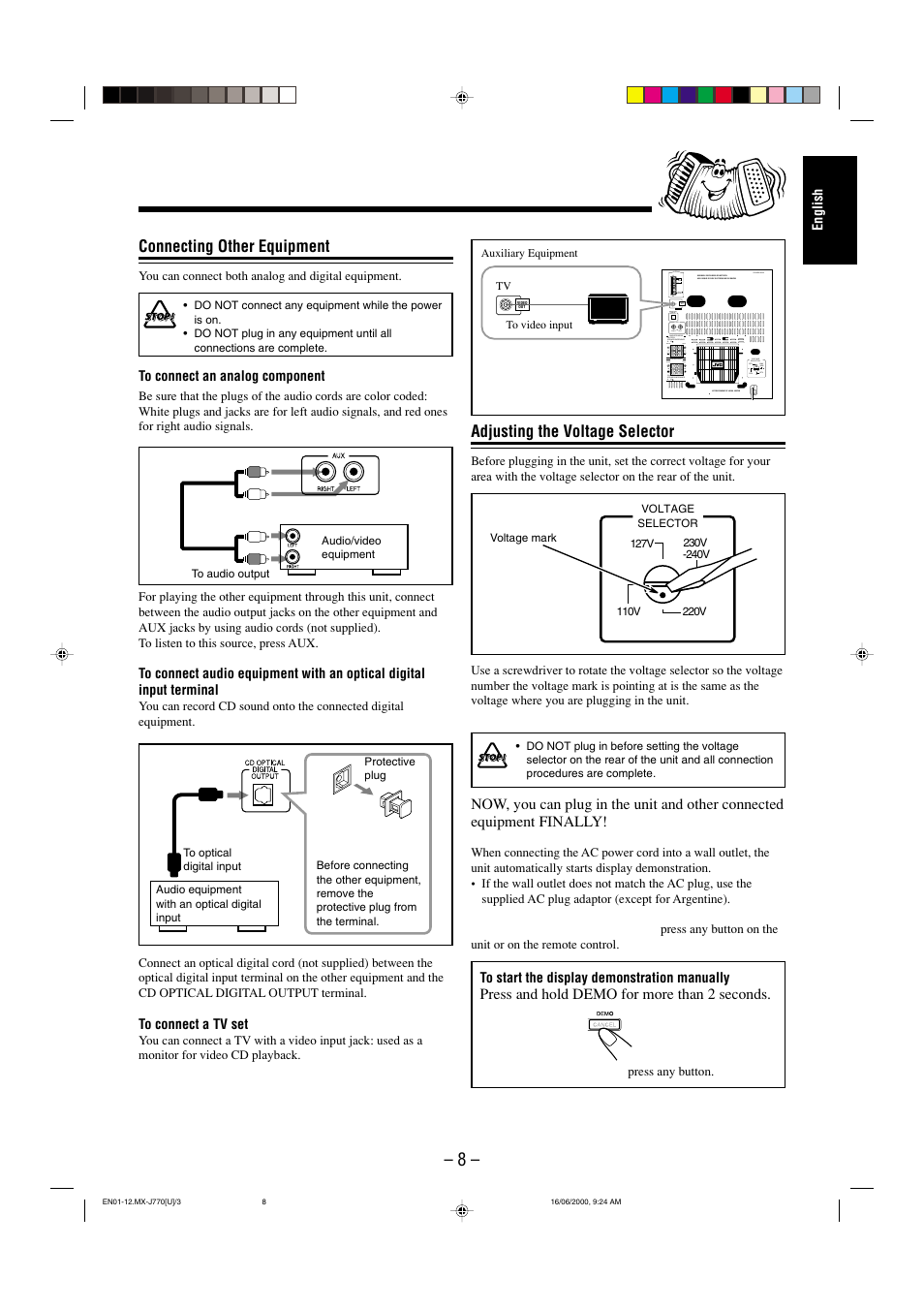 Connecting other equipment, Adjusting the voltage selector | JVC CA-MXJ770V User Manual | Page 9 / 34